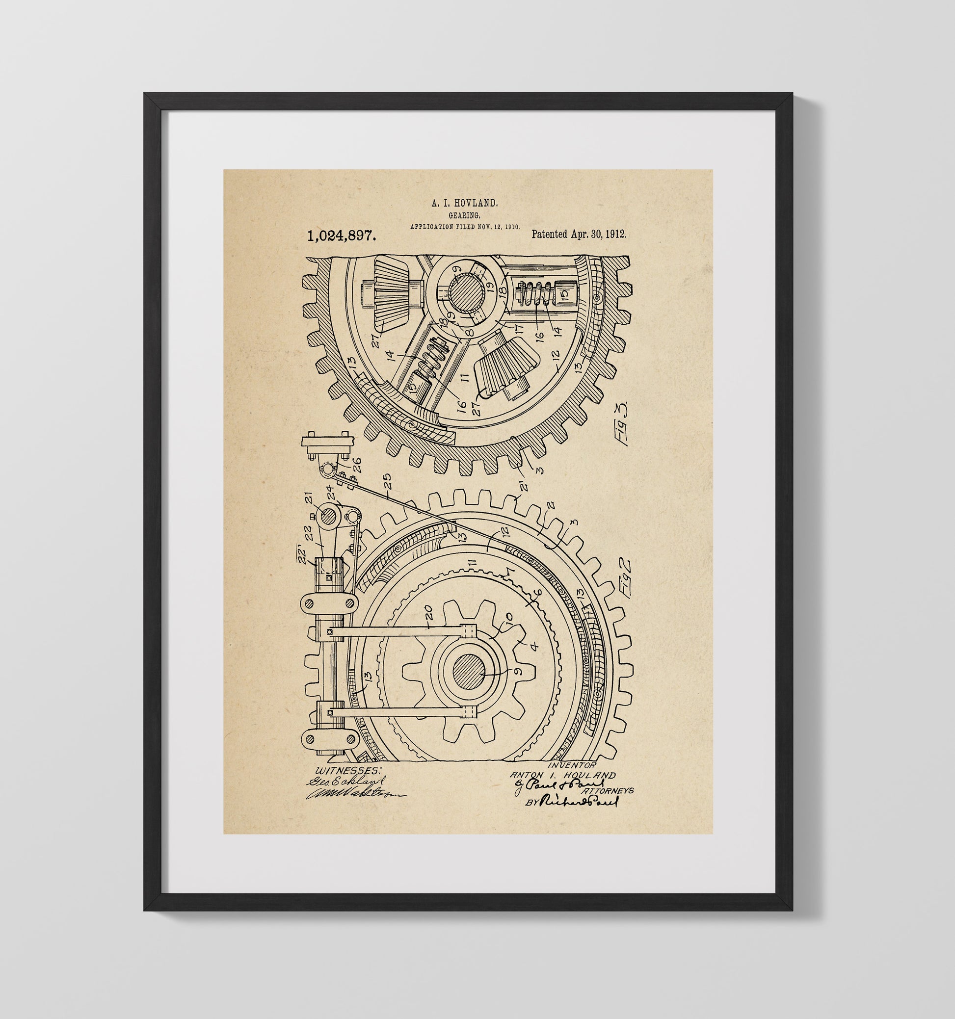 Patent Print - Gear Assembly - Anton I Hovland - 1912 - Patent 1024897 Patent Wall Art