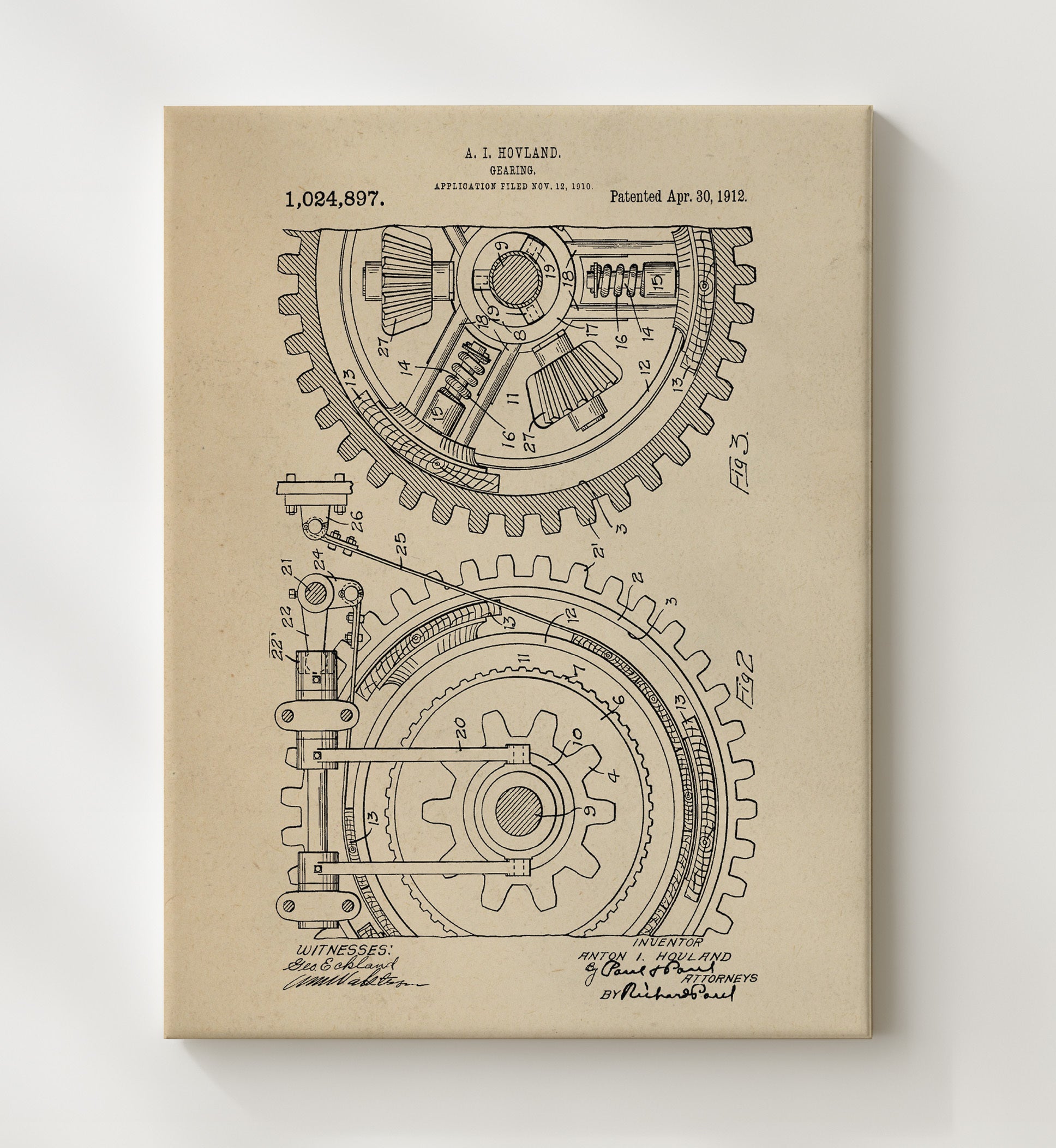 Patent Print - Gear Assembly - Anton I Hovland - 1912 - Patent 1024897 Patent Wall Art