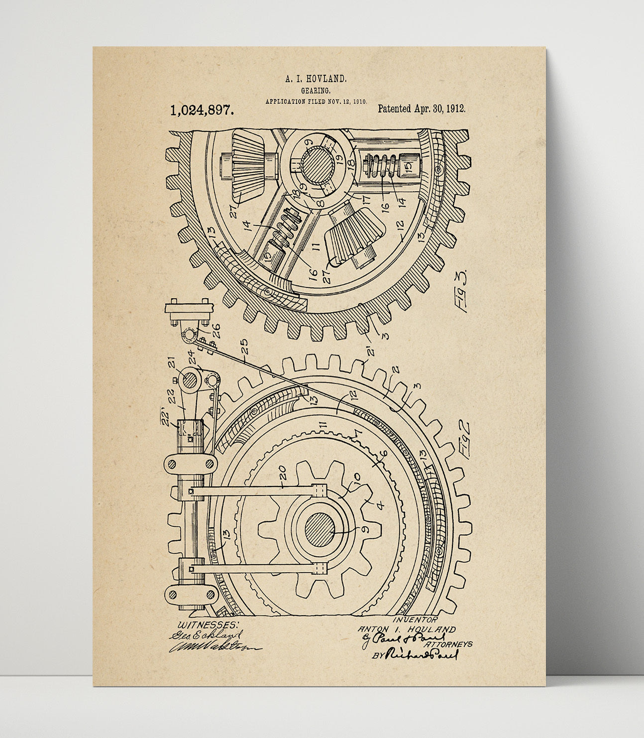Patent Print - Gear Assembly - Anton I Hovland - 1912 - Patent 1024897 Patent Wall Art