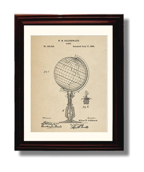 Patent Print - Globe - William M. Goldthwaite - 1888 - Patent 386399 Patent Wall Art