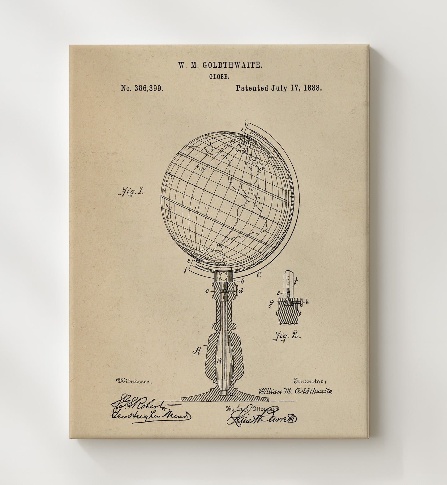 Patent Print - Globe - William M. Goldthwaite - 1888 - Patent 386399 Patent Wall Art