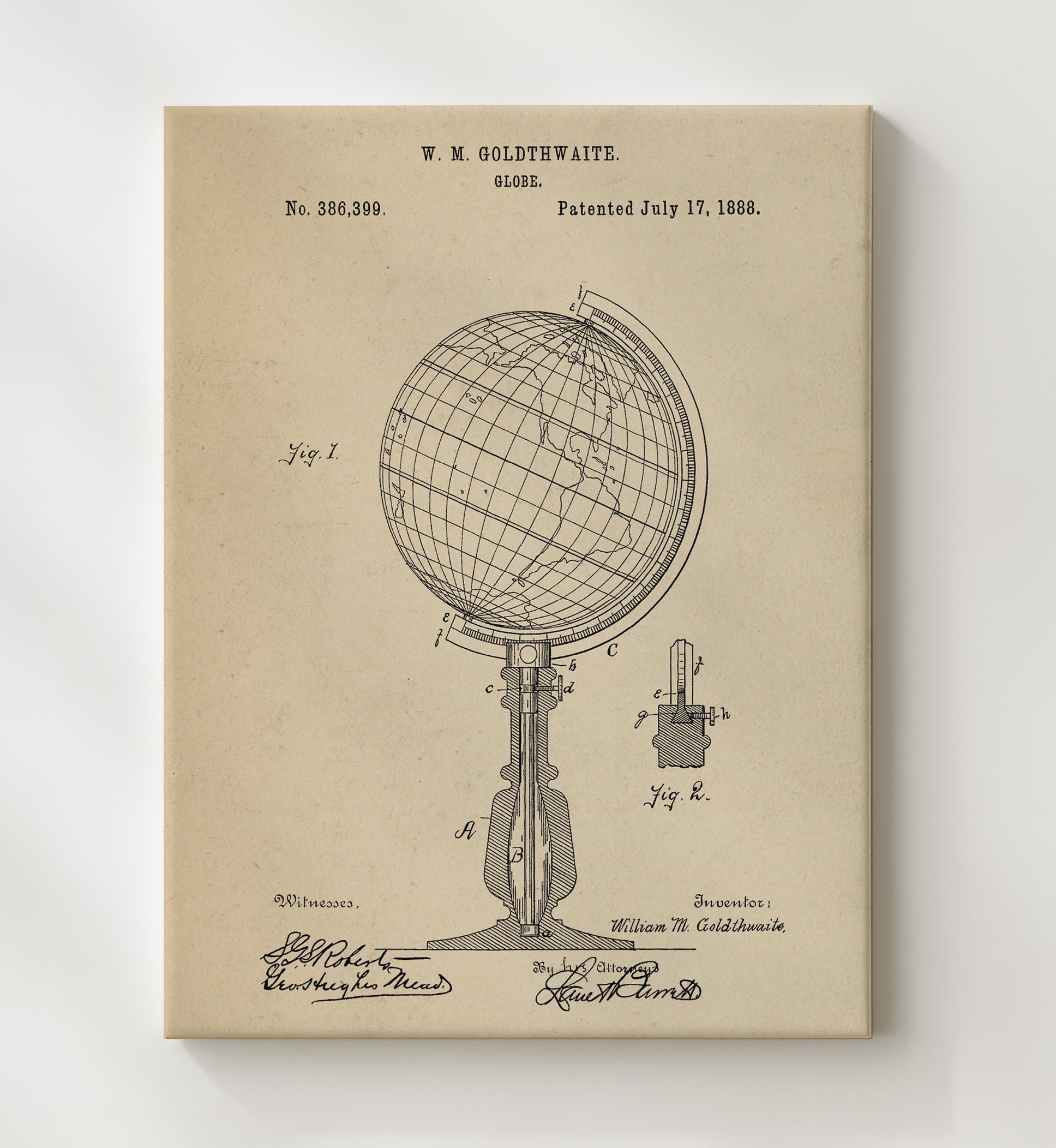 Patent Print - Globe - William M. Goldthwaite - 1888 - Patent 386399 Patent Wall Art