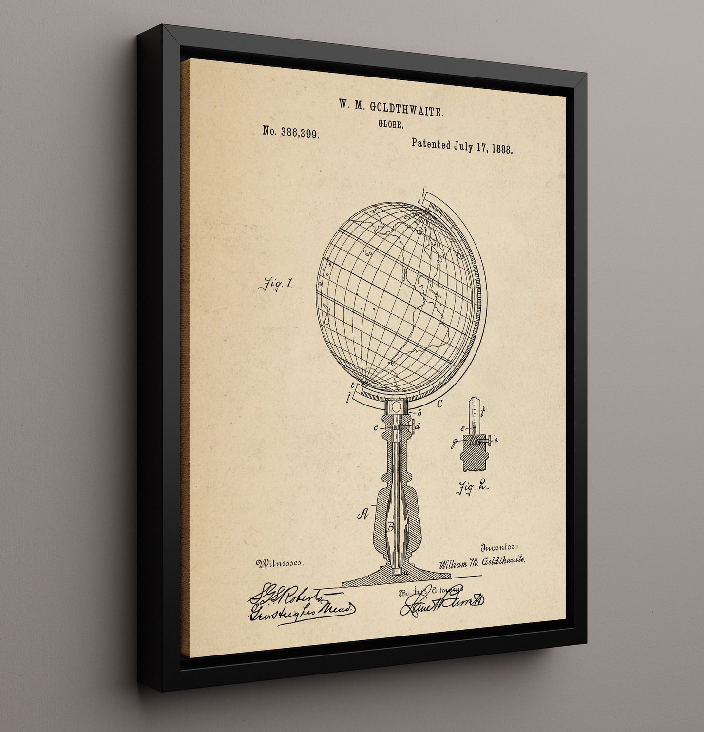 Patent Print - Globe - William M. Goldthwaite - 1888 - Patent 386399 Patent Wall Art