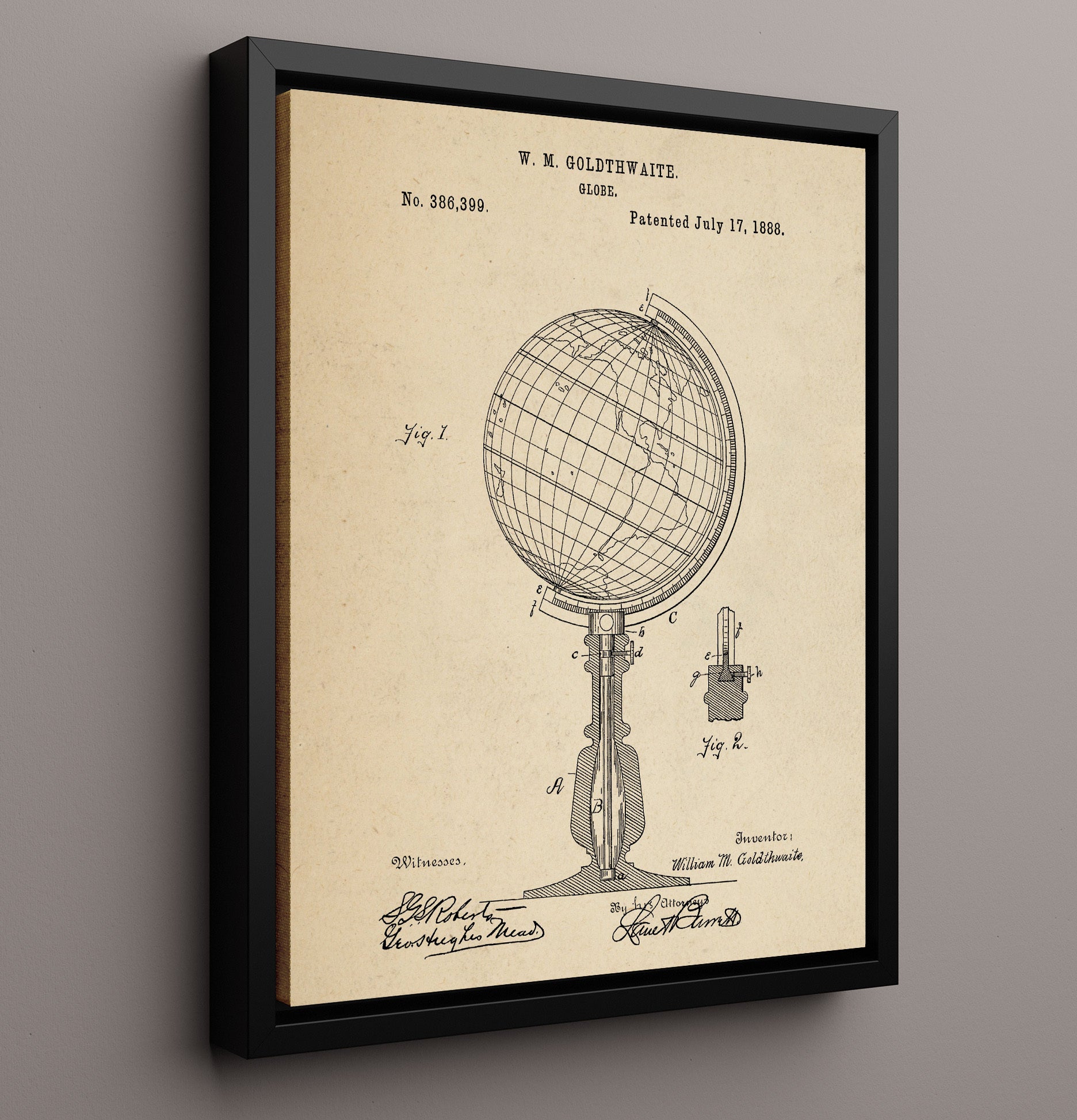 Patent Print - Globe - William M. Goldthwaite - 1888 - Patent 386399 Patent Wall Art