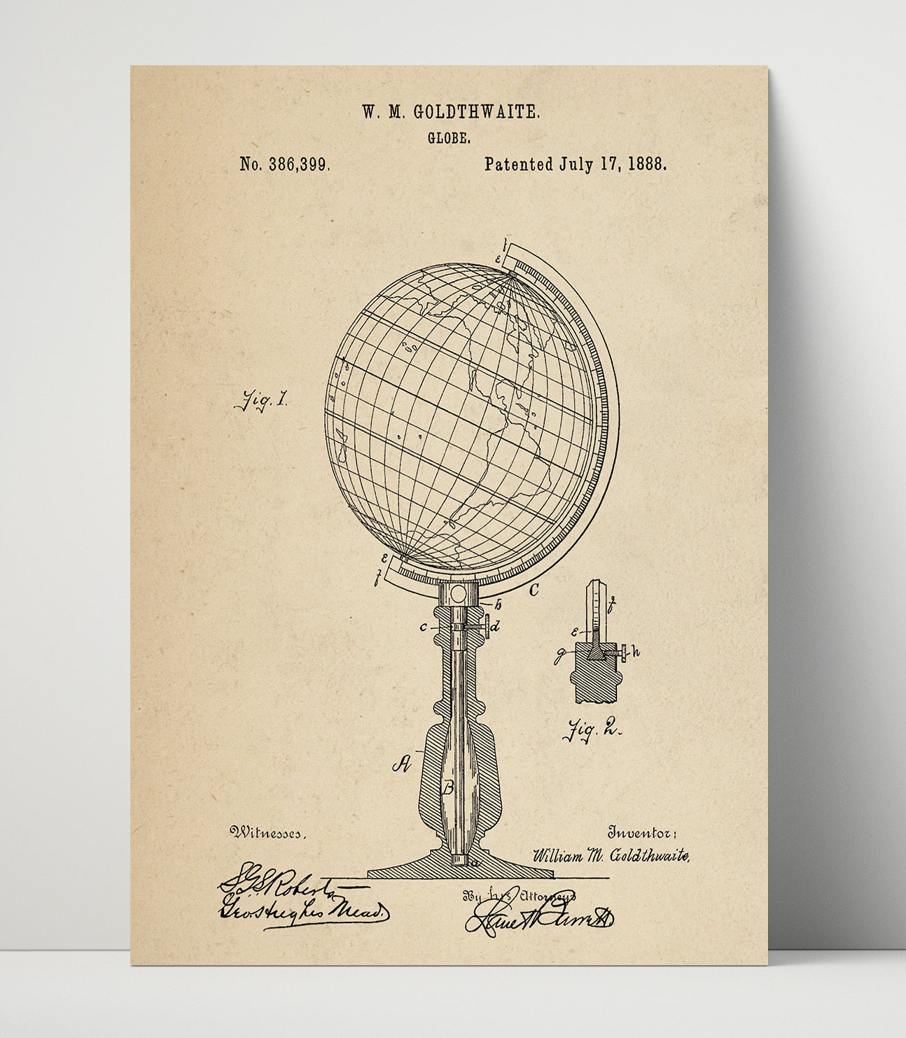 Patent Print - Globe - William M. Goldthwaite - 1888 - Patent 386399 Patent Wall Art