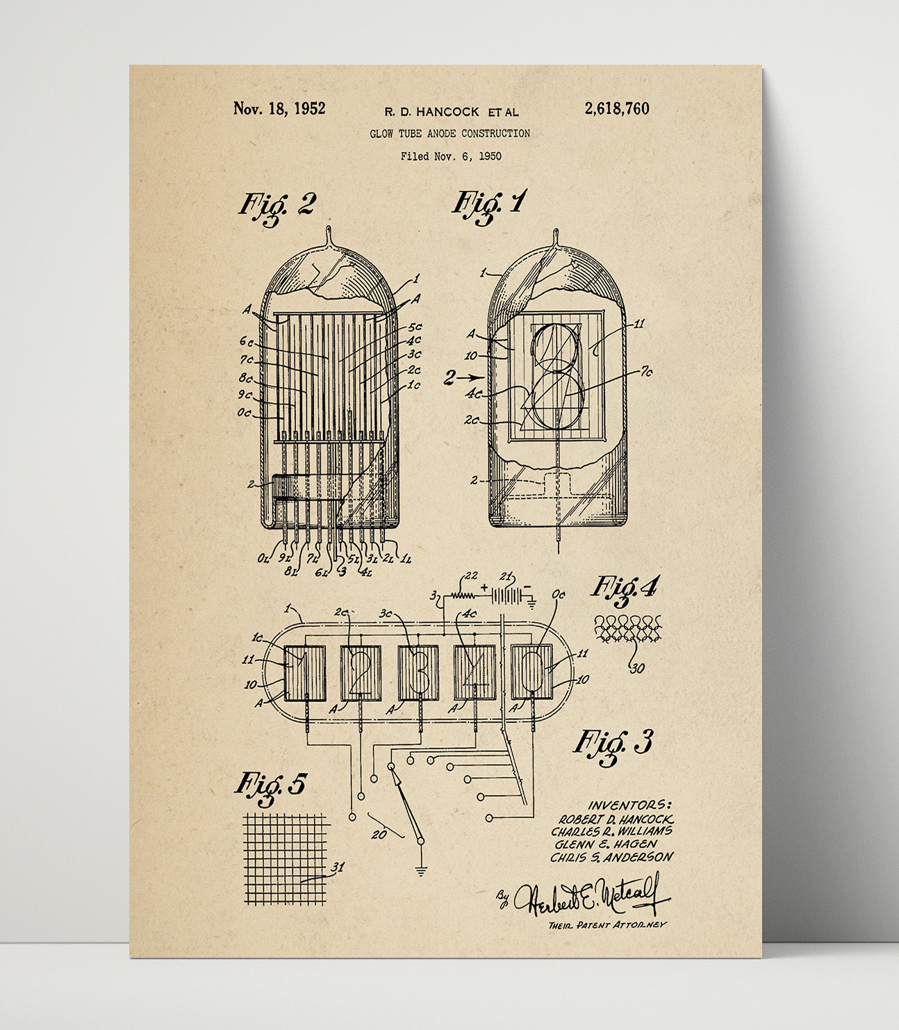 Patent Print - Glow Tube Anode Construction - Robert D Hancock Et Al - 1952 - Patent 2618760 Patent Wall Art
