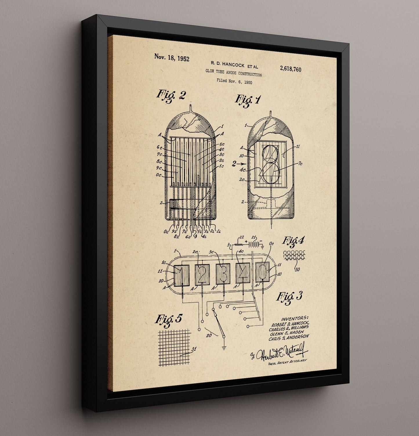 Patent Print - Glow Tube Anode Construction - Robert D Hancock Et Al - 1952 - Patent 2618760 Patent Wall Art