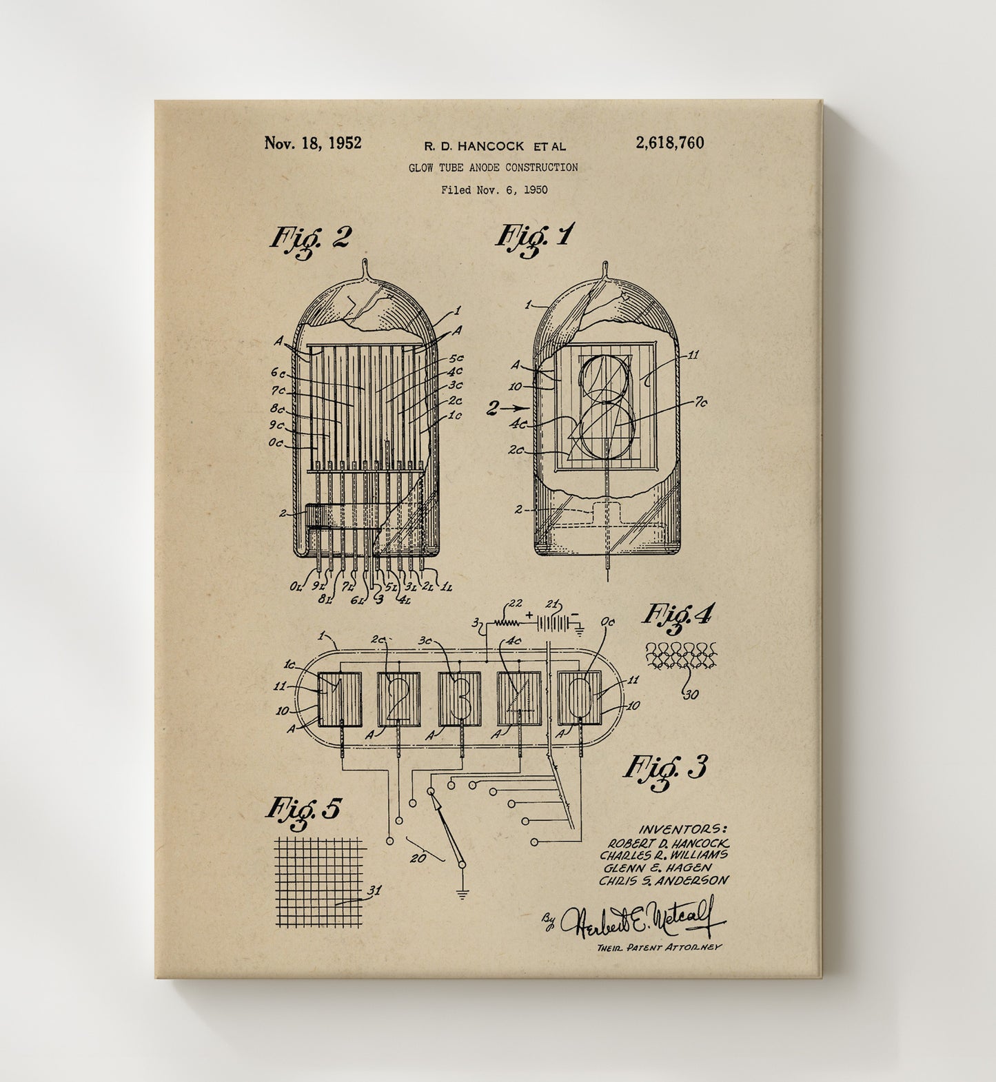 Patent Print - Glow Tube Anode Construction - Robert D Hancock Et Al - 1952 - Patent 2618760 Patent Wall Art