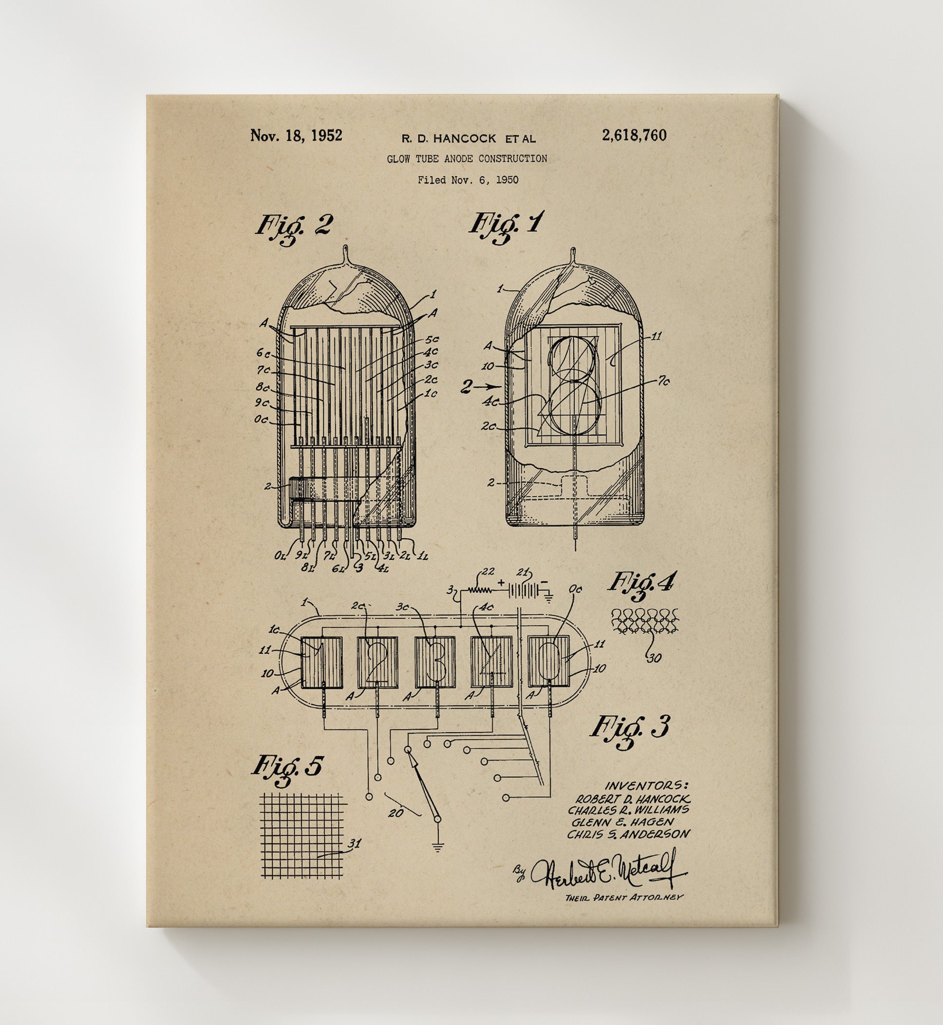 Patent Print - Glow Tube Anode Construction - Robert D Hancock Et Al - 1952 - Patent 2618760 Patent Wall Art