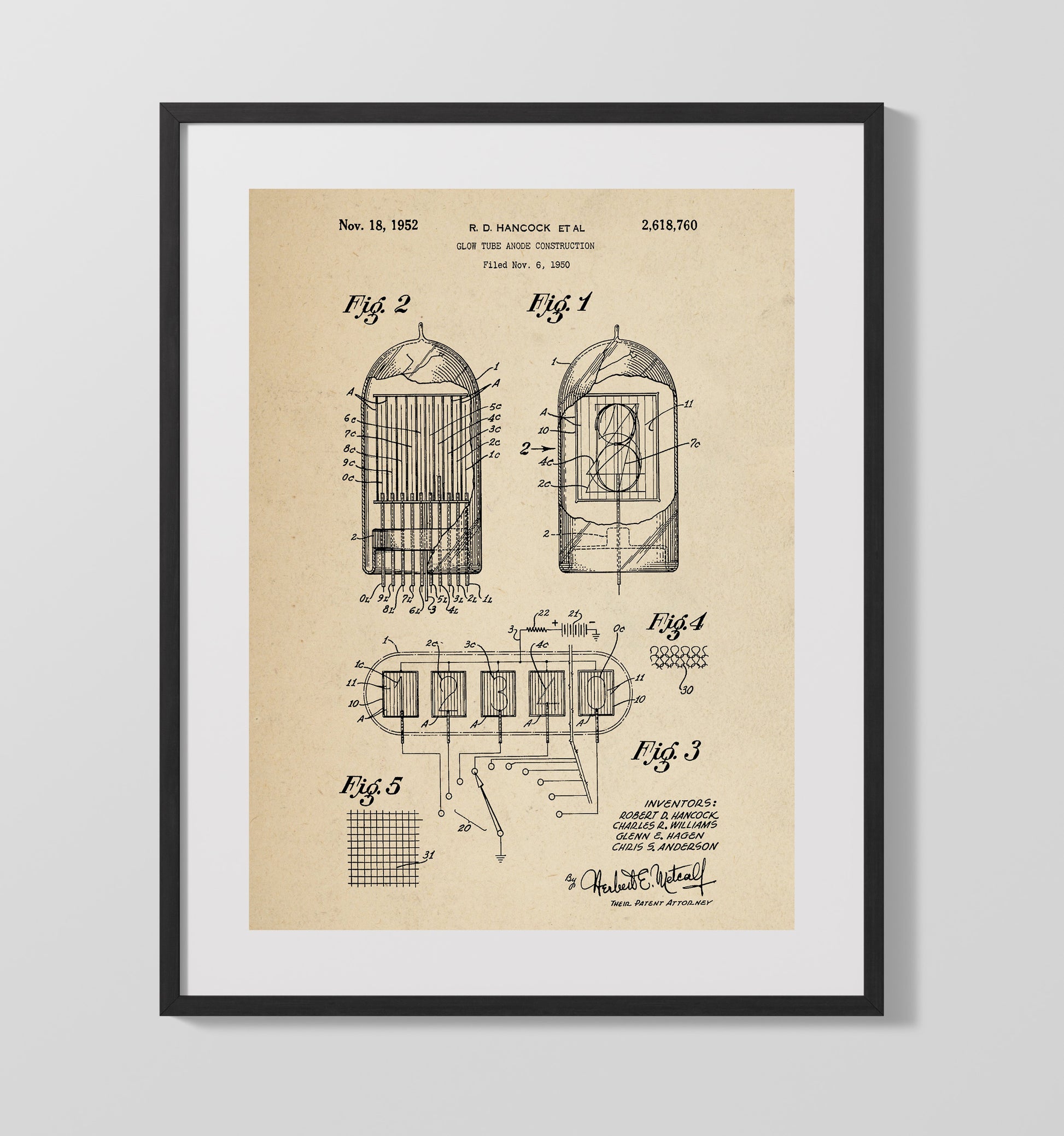 Patent Print - Glow Tube Anode Construction - Robert D Hancock Et Al - 1952 - Patent 2618760 Patent Wall Art
