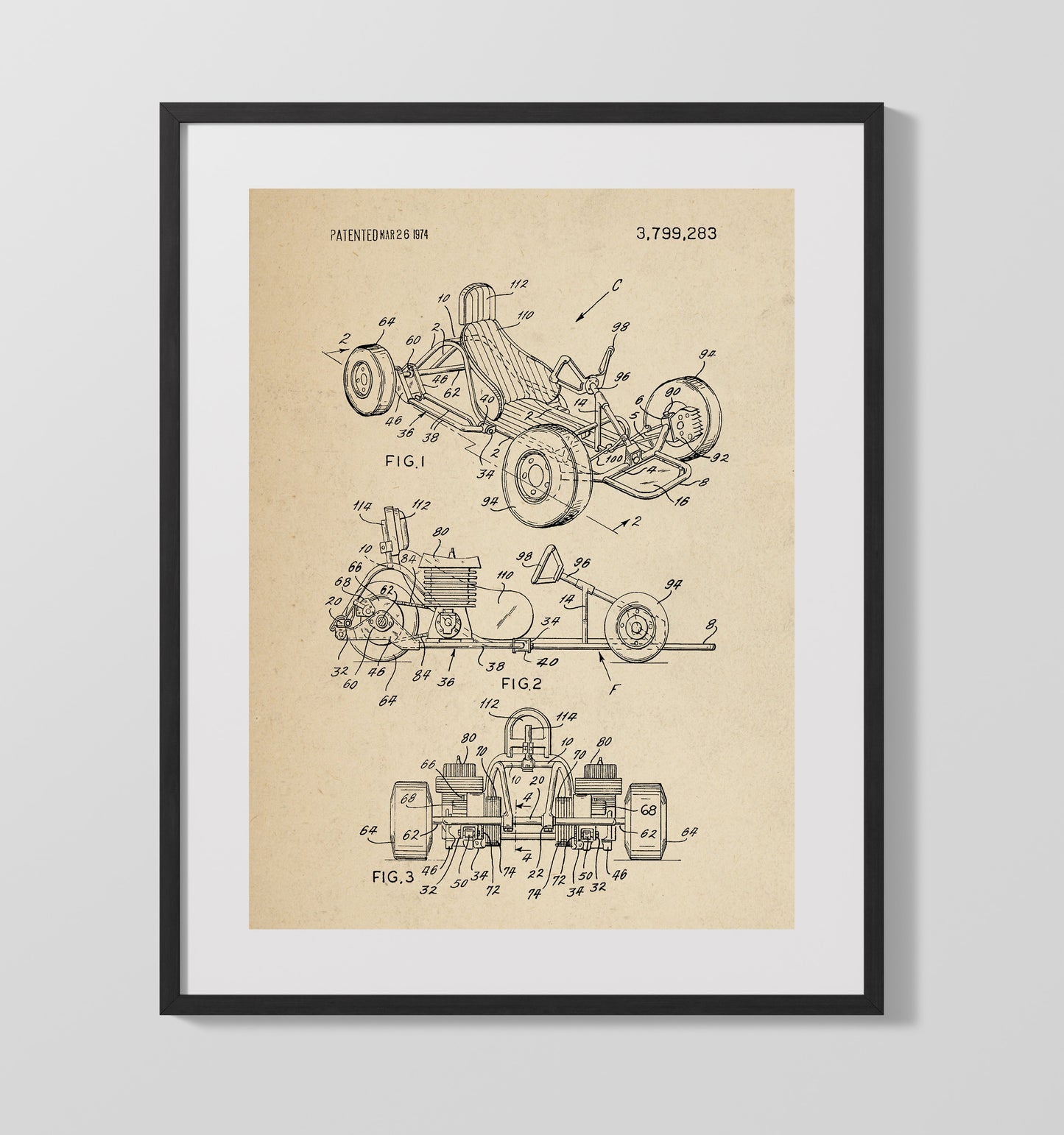 Patent Print - Go-Kart - Unknown Inventor - 1974 - Patent 3799283 Patent Wall Art