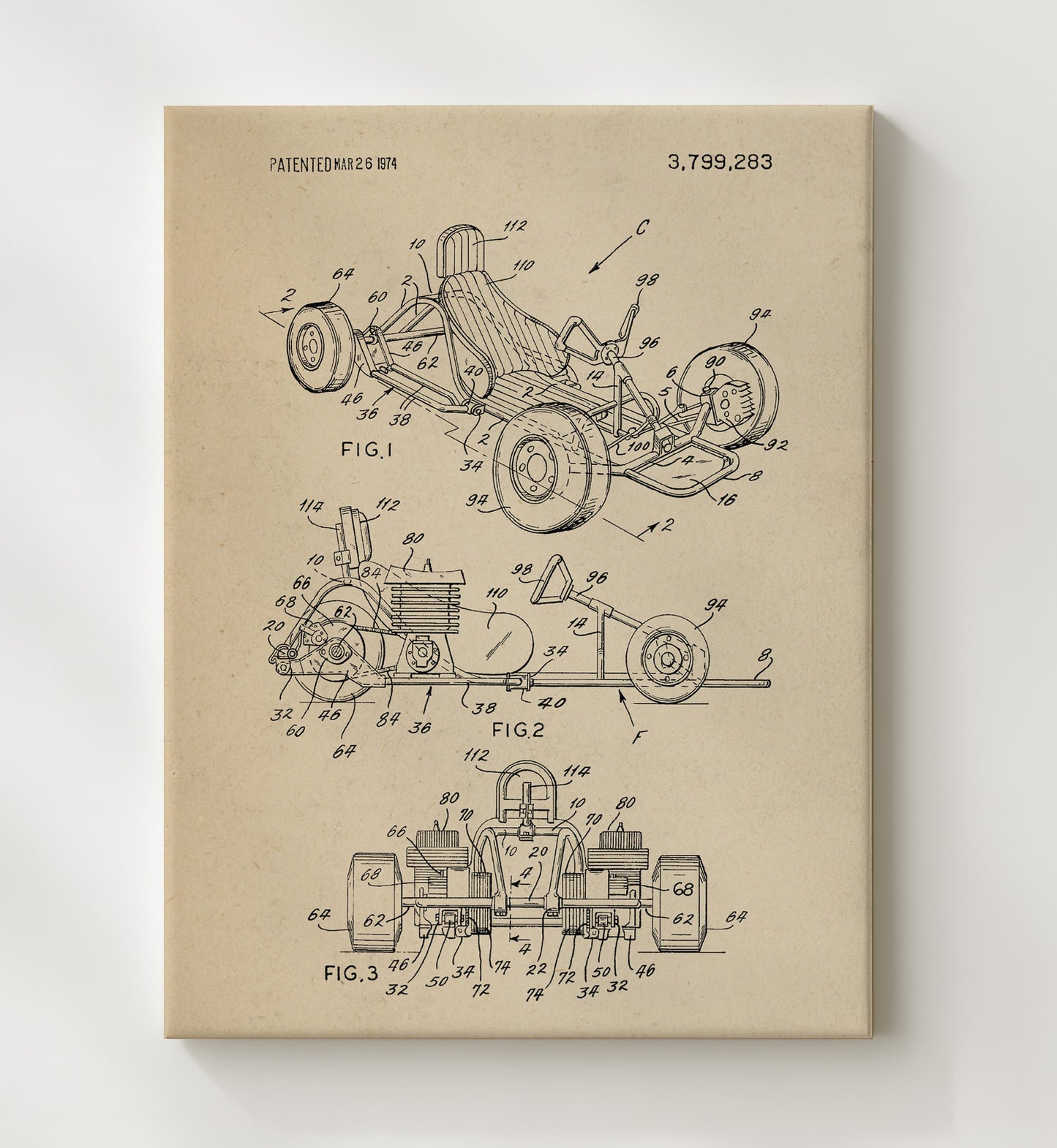 Patent Print - Go-Kart - Unknown Inventor - 1974 - Patent 3799283 Patent Wall Art