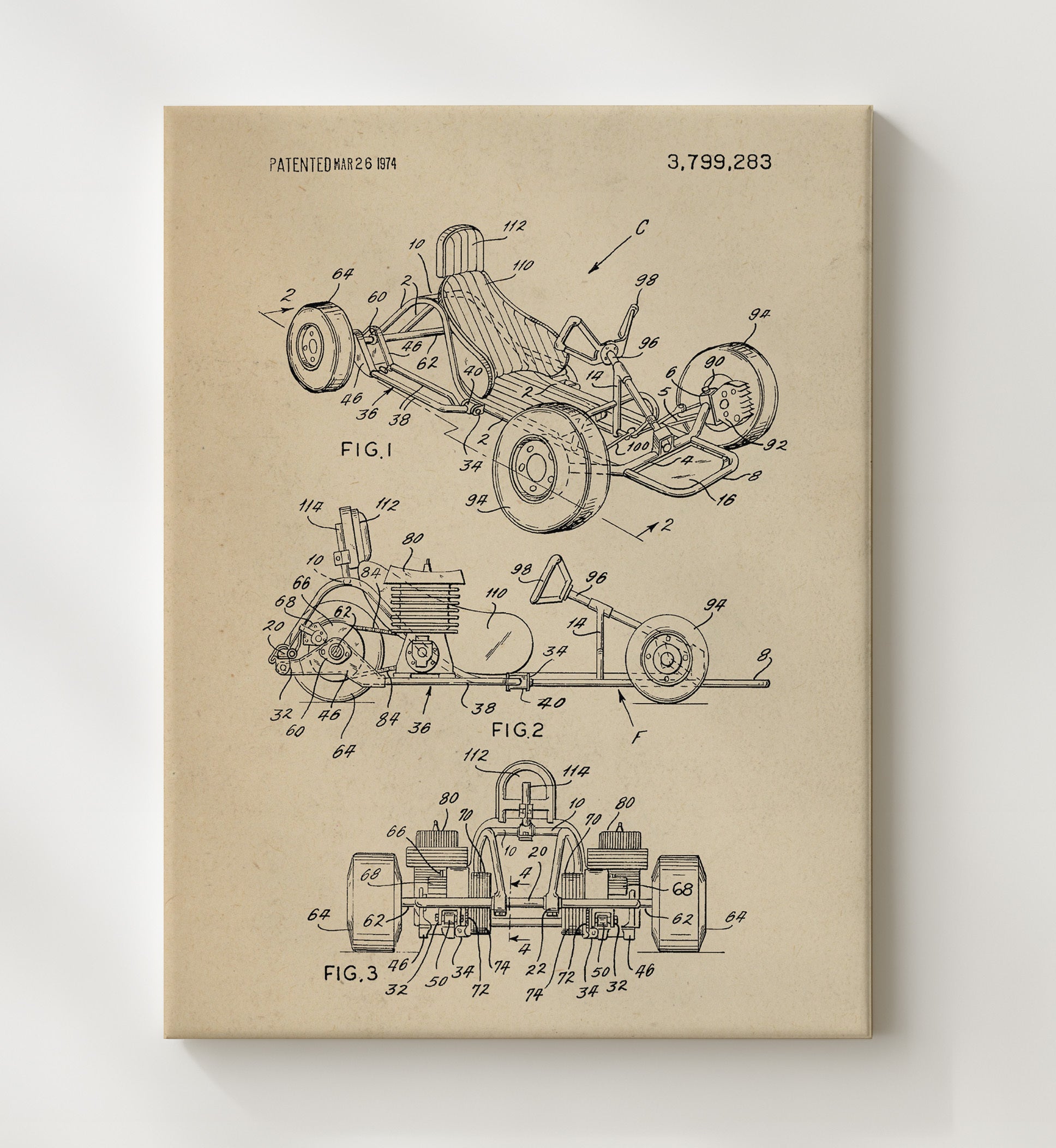 Patent Print - Go-Kart - Unknown Inventor - 1974 - Patent 3799283 Patent Wall Art