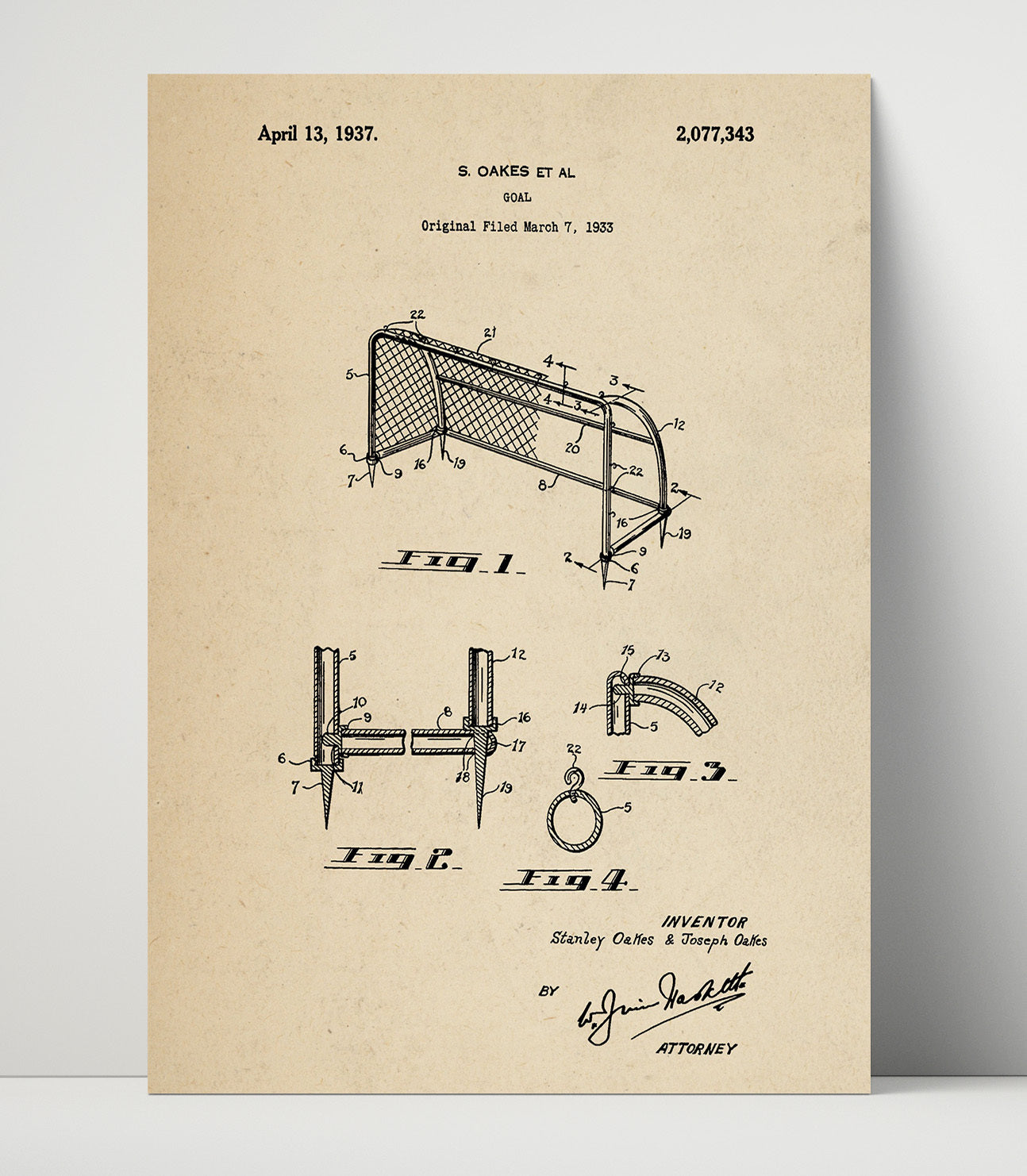 Patent Print - Goal - S Oakes Et Al - 1937 - Patent 2077343 Patent Wall Art
