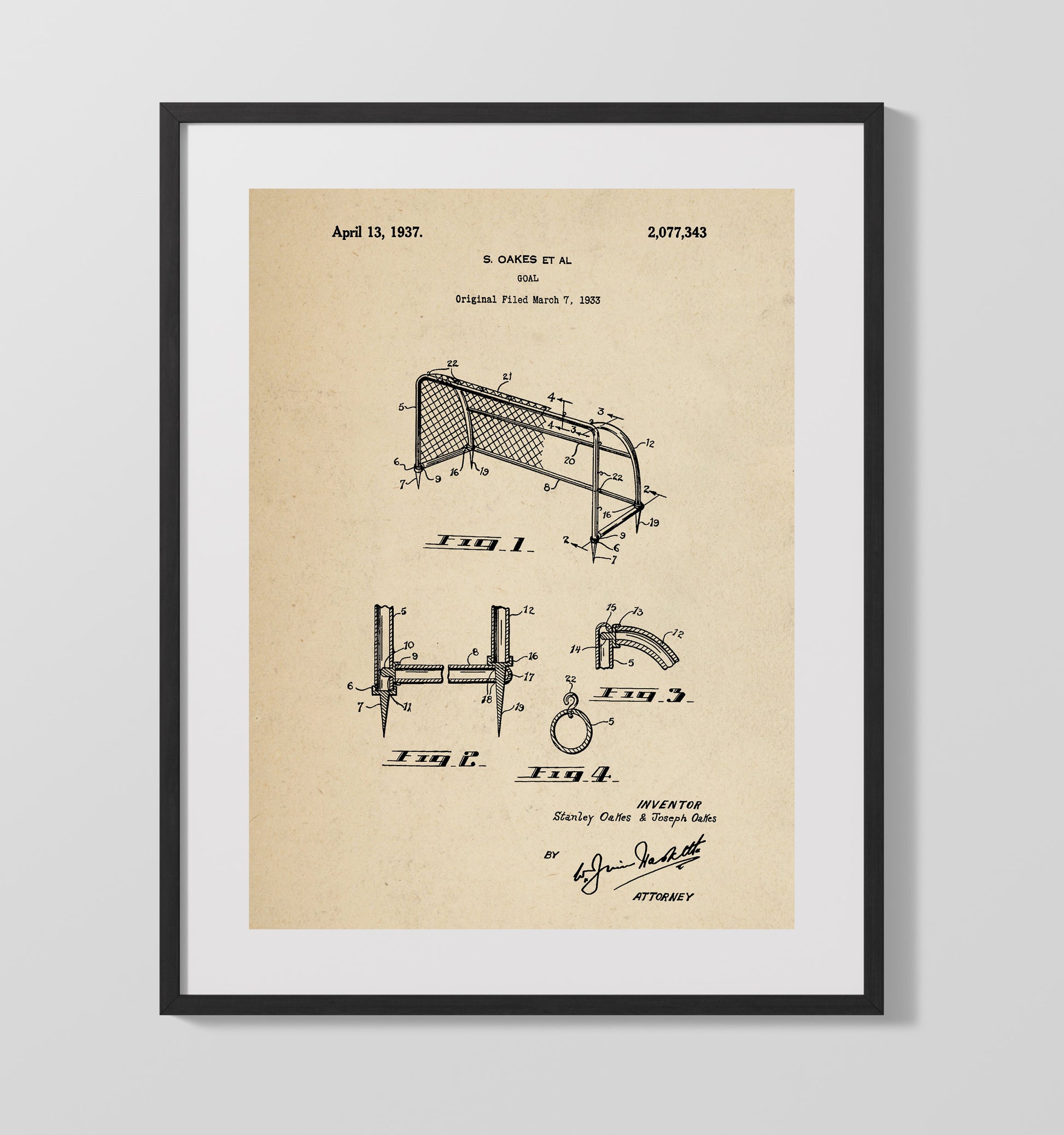 Patent Print - Goal - S Oakes Et Al - 1937 - Patent 2077343 Patent Wall Art