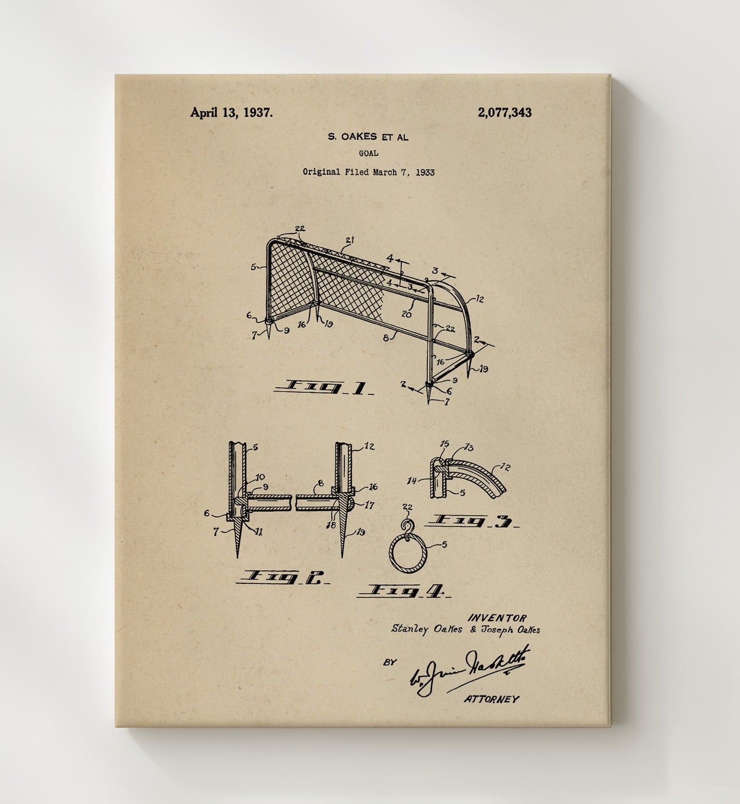 Patent Print - Goal - S Oakes Et Al - 1937 - Patent 2077343 Patent Wall Art