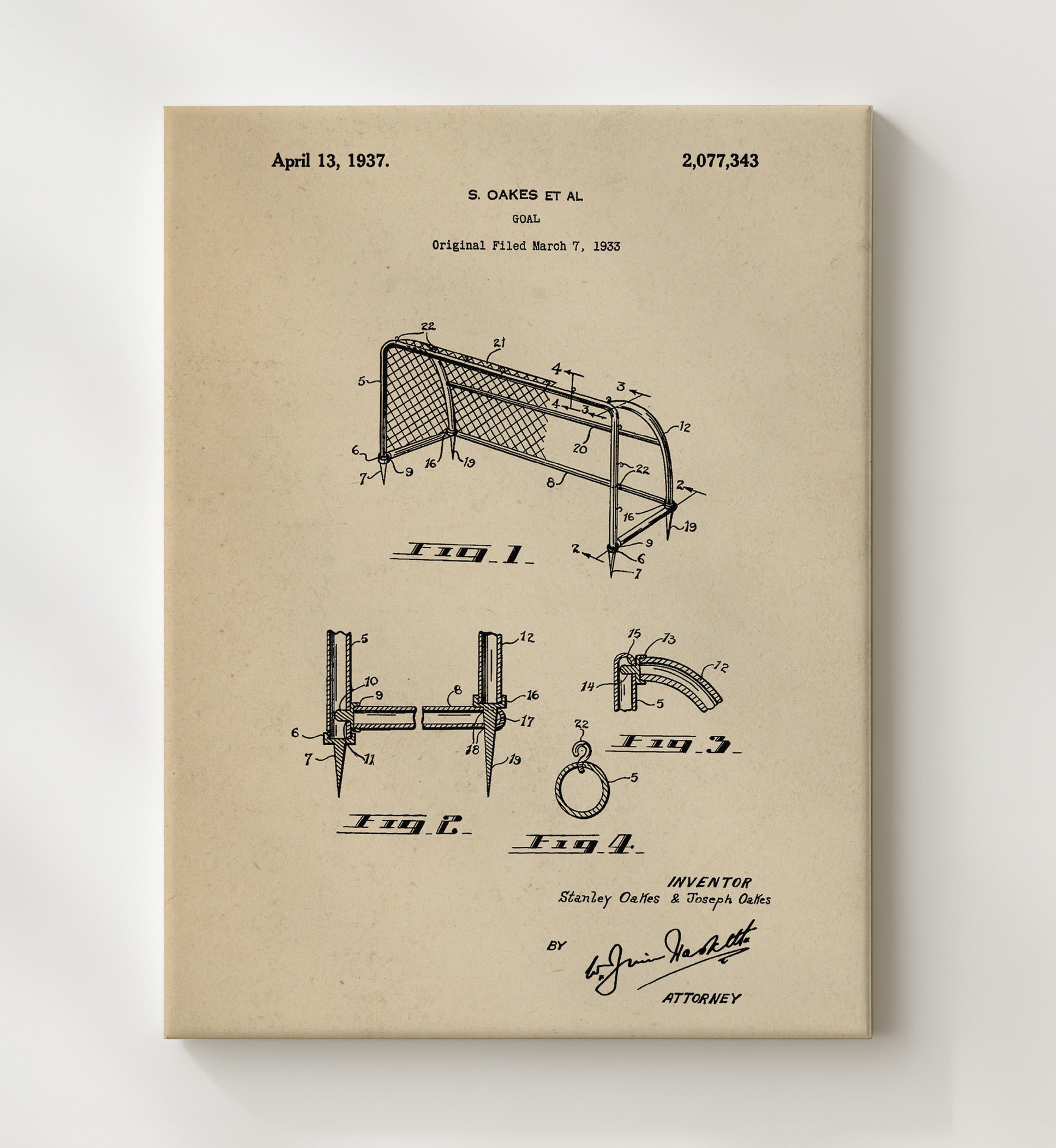 Patent Print - Goal - S Oakes Et Al - 1937 - Patent 2077343 Patent Wall Art