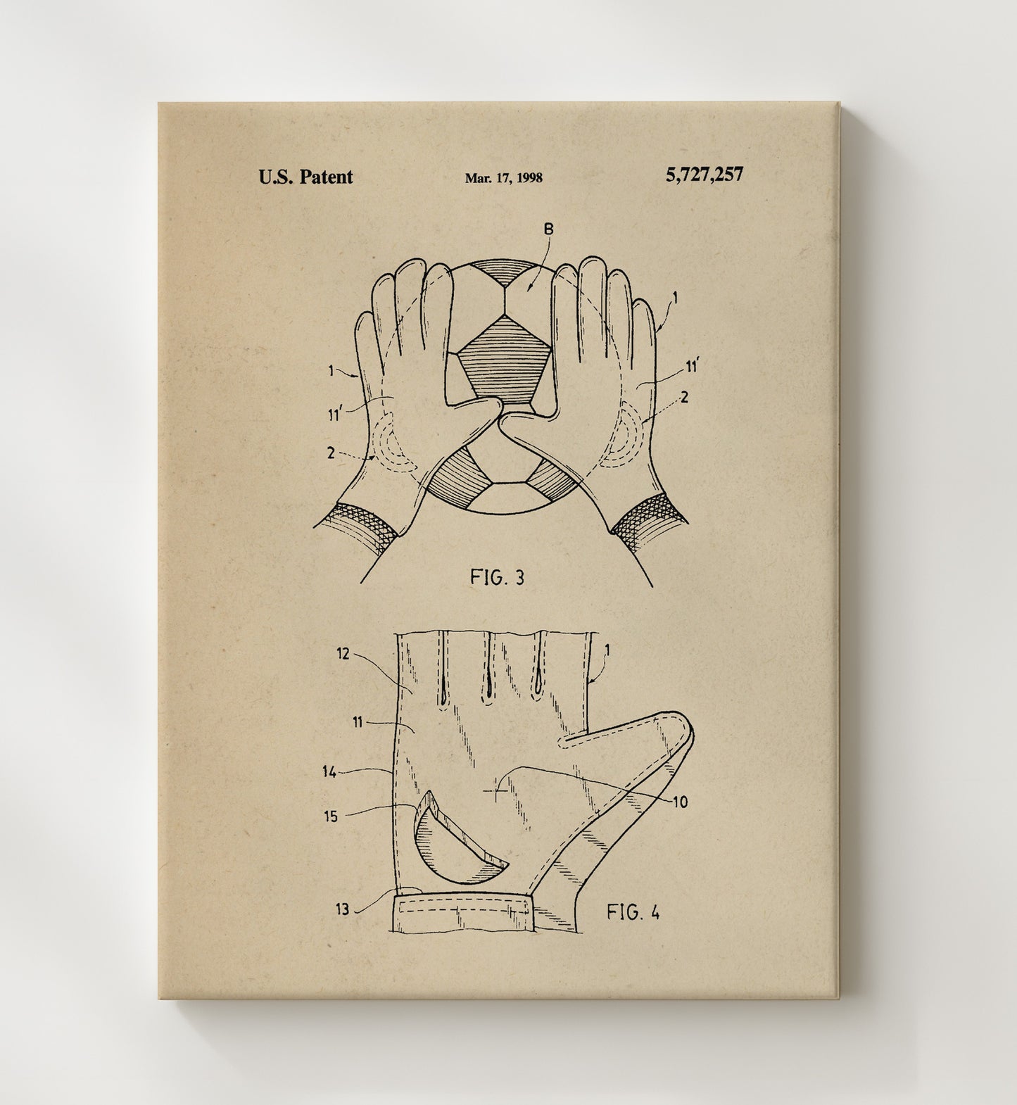 Patent Print - Goalkeeper Gloves - Unknown Inventor - 1998 - Patent 5727257 Patent Wall Art