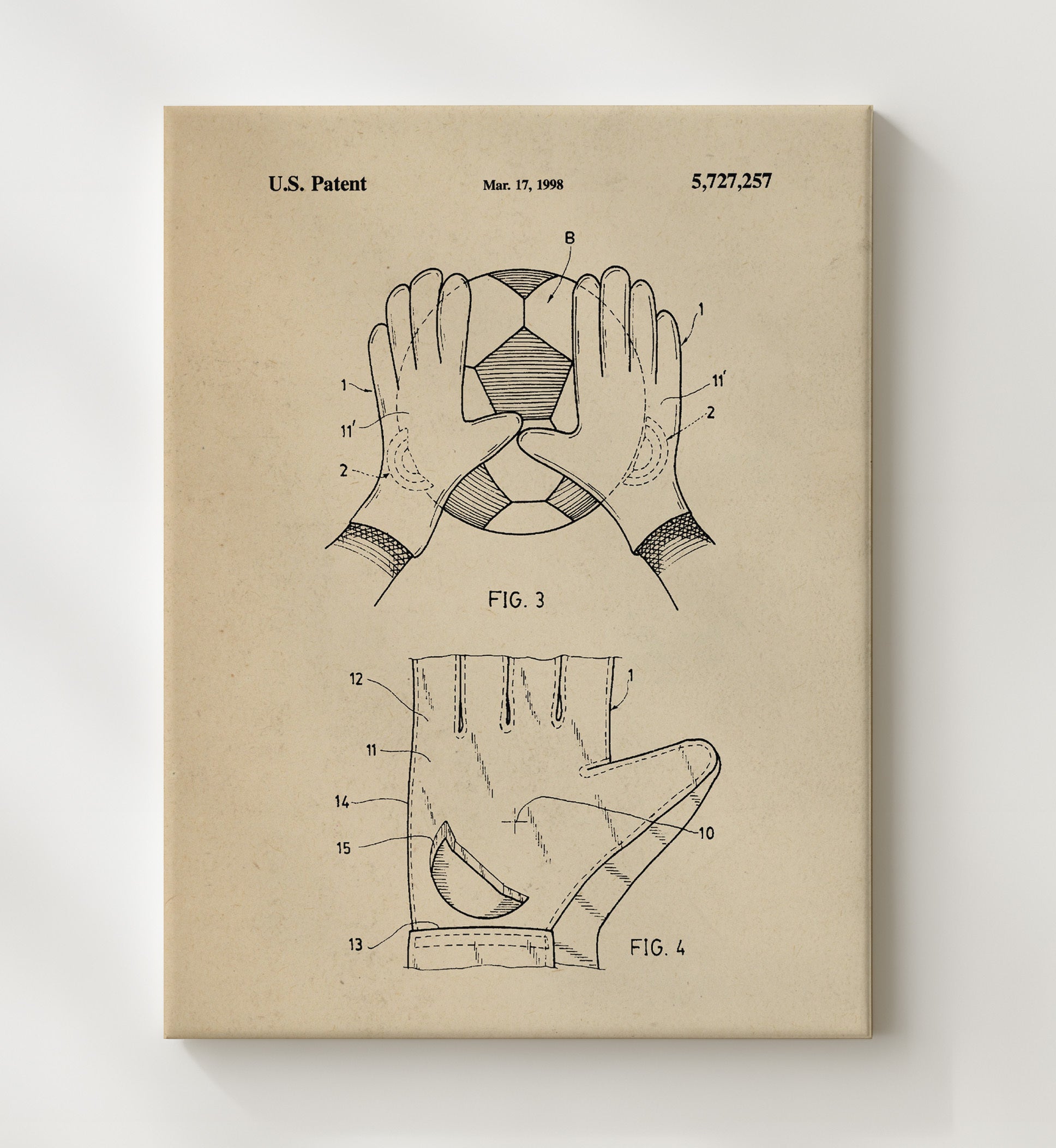 Patent Print - Goalkeeper Gloves - Unknown Inventor - 1998 - Patent 5727257 Patent Wall Art