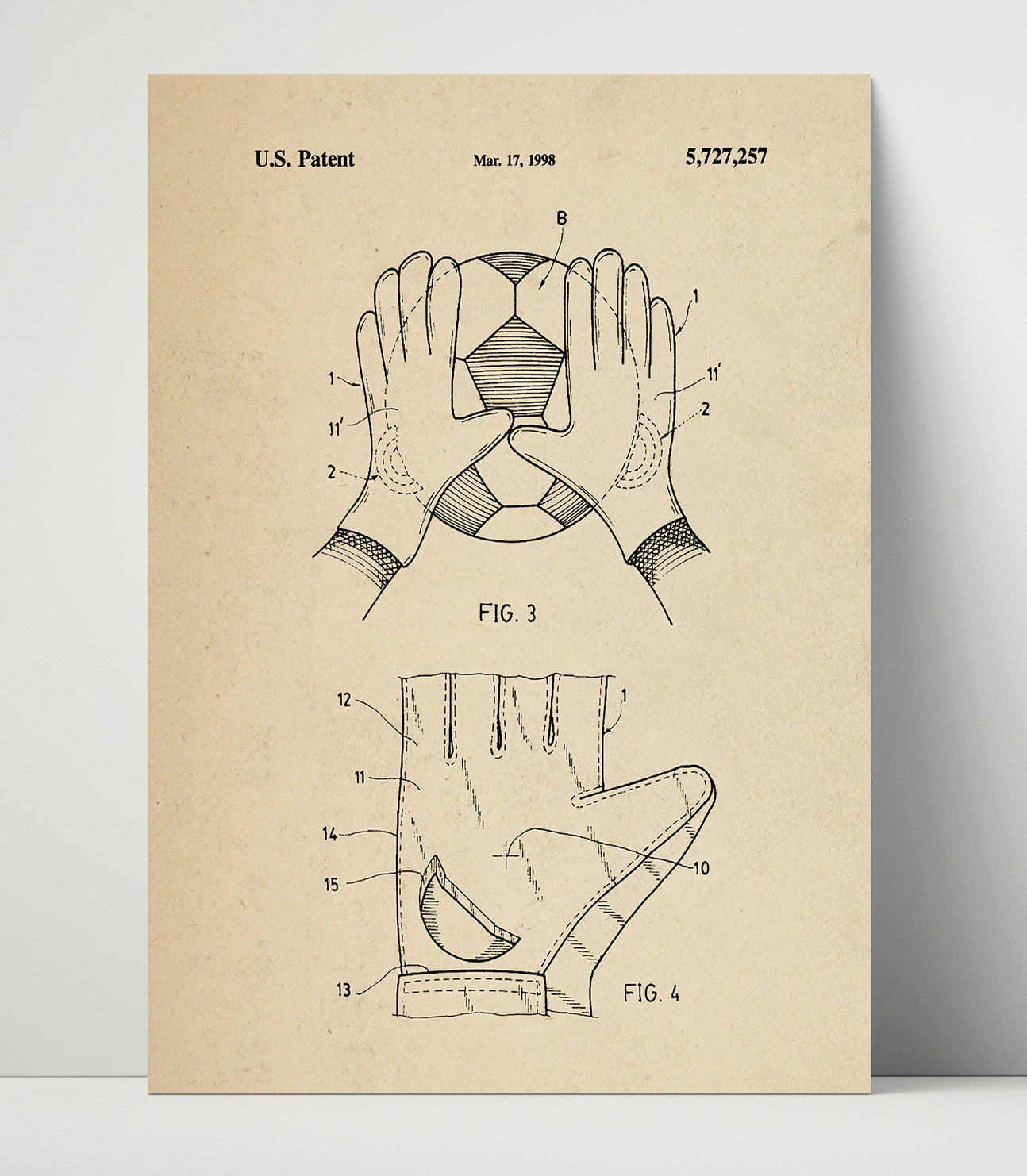 Patent Print - Goalkeeper Gloves - Unknown Inventor - 1998 - Patent 5727257 Patent Wall Art
