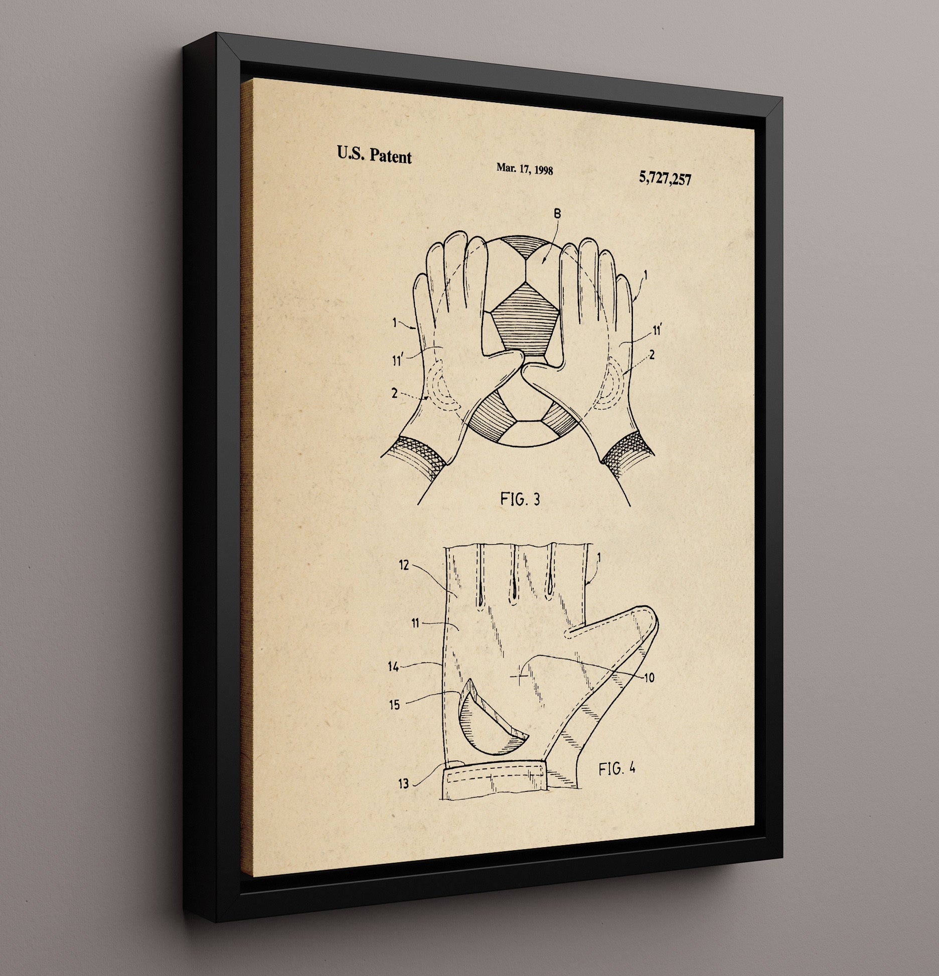 Patent Print - Goalkeeper Gloves - Unknown Inventor - 1998 - Patent 5727257 Patent Wall Art