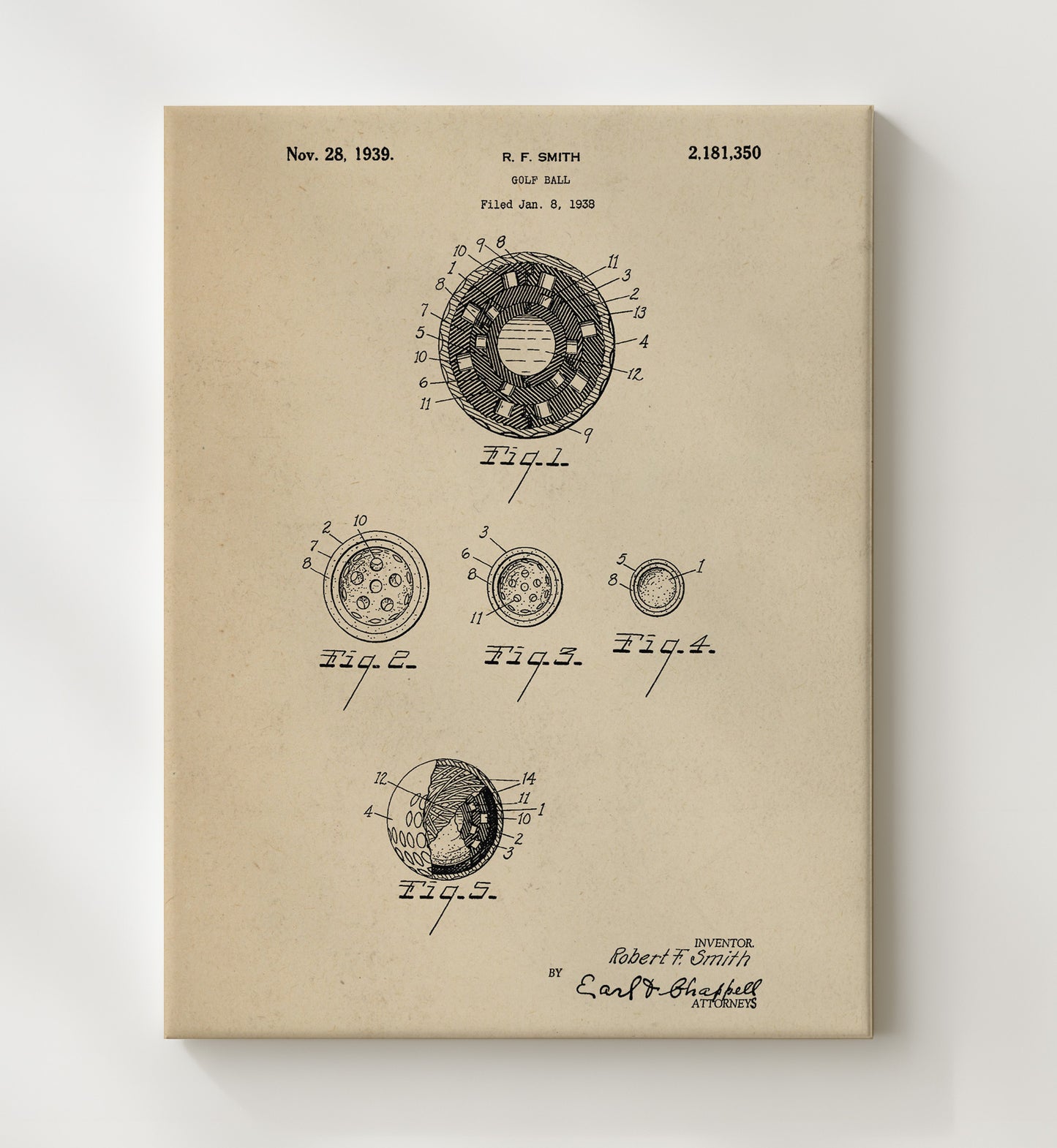 Patent Print - Golf Ball - R F Smith - 1939 - Patent 2181350 Patent Wall Art