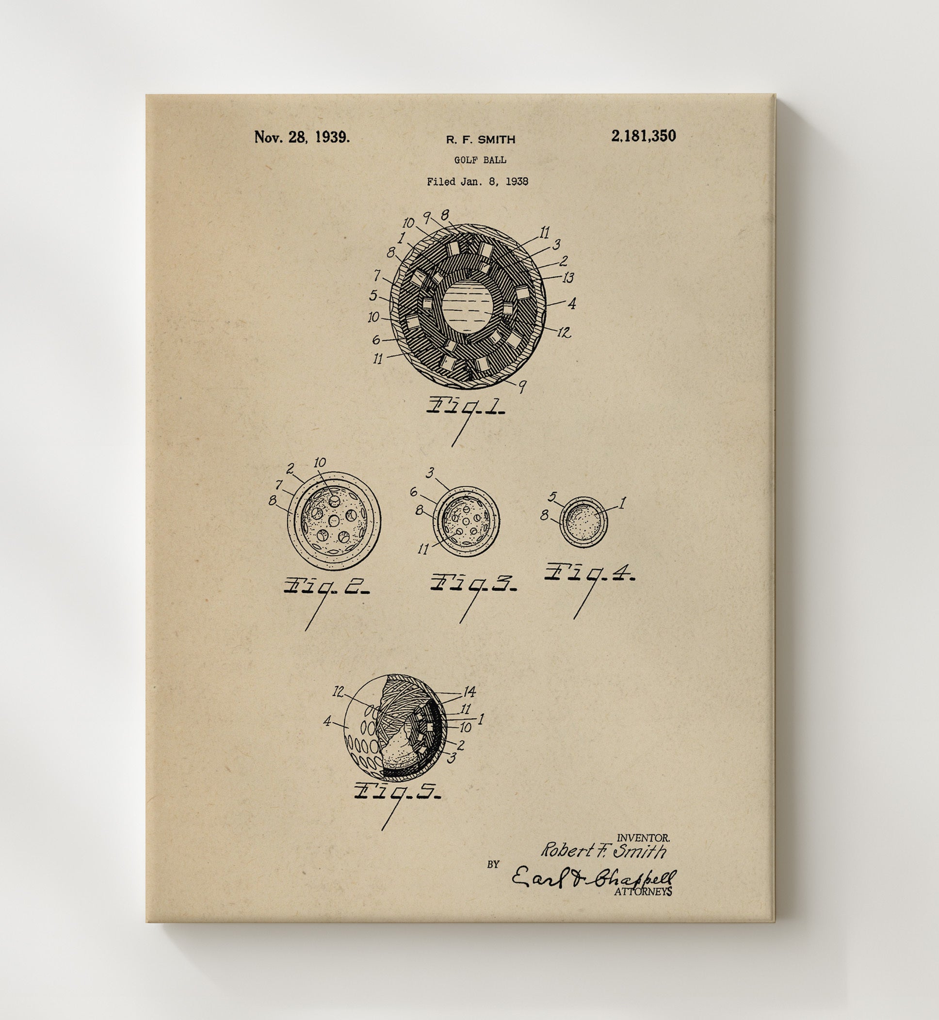 Patent Print - Golf Ball - R F Smith - 1939 - Patent 2181350 Patent Wall Art