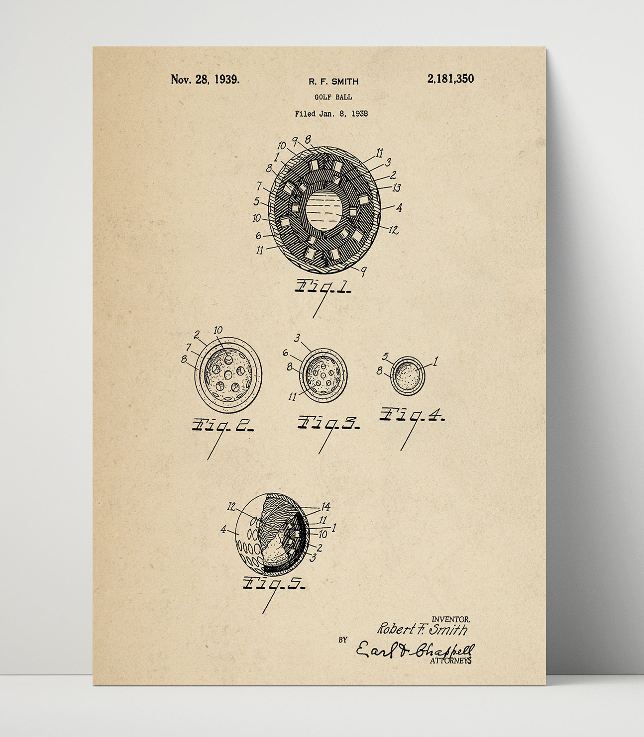 Patent Print - Golf Ball - R F Smith - 1939 - Patent 2181350 Patent Wall Art