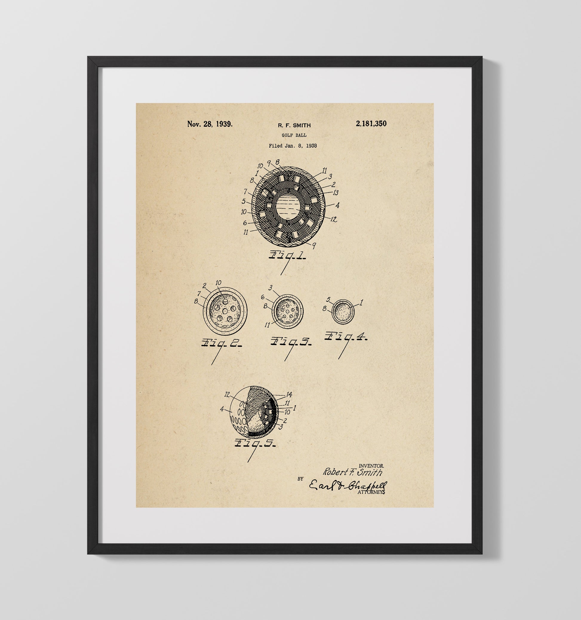 Patent Print - Golf Ball - R F Smith - 1939 - Patent 2181350 Patent Wall Art