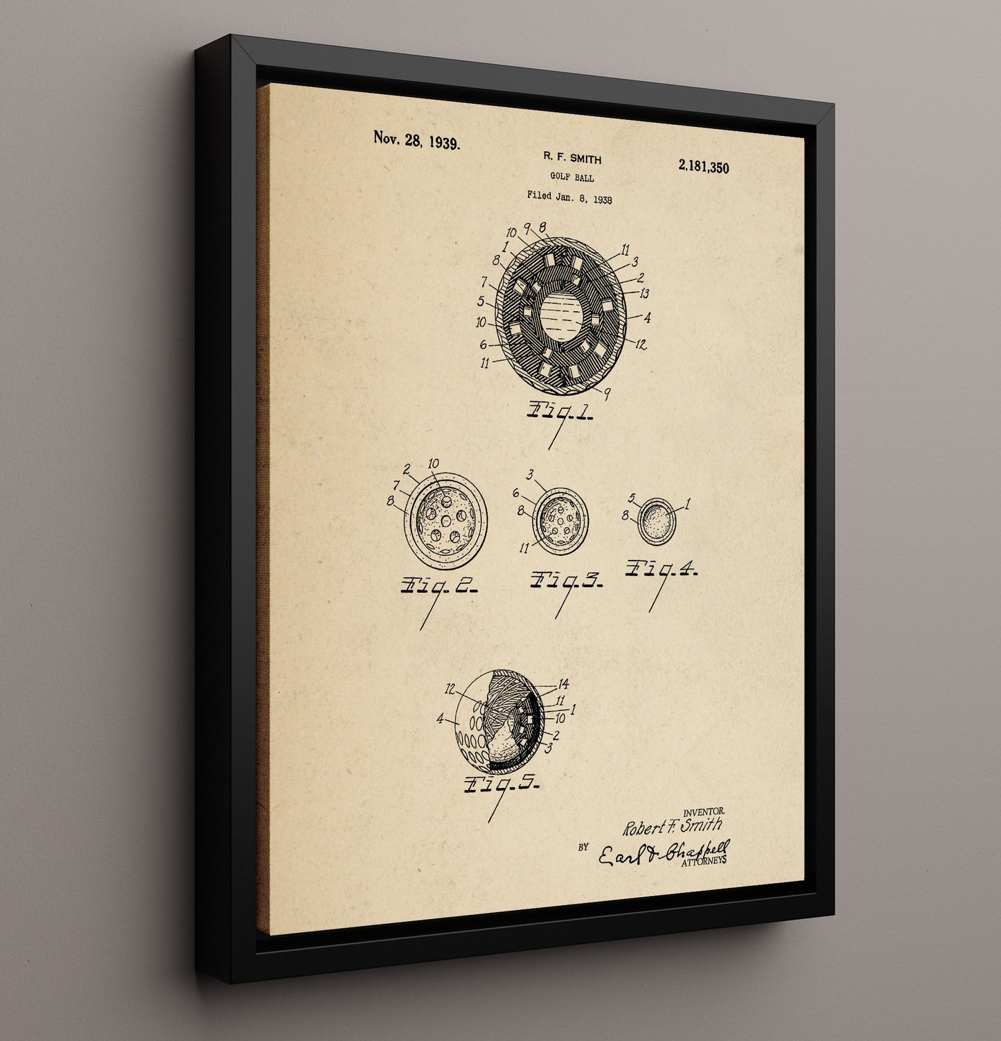 Patent Print - Golf Ball - R F Smith - 1939 - Patent 2181350 Patent Wall Art