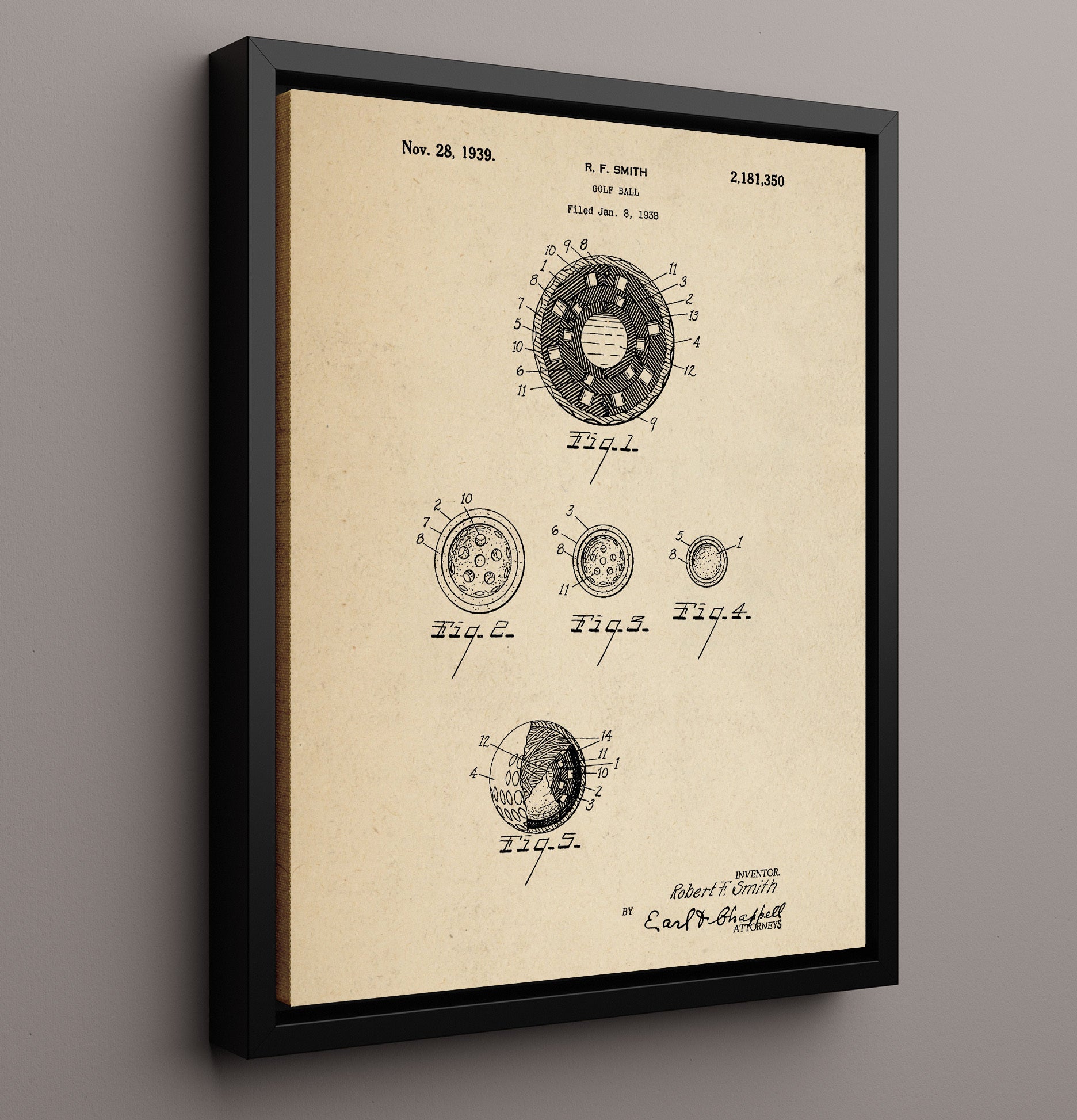 Patent Print - Golf Ball - R F Smith - 1939 - Patent 2181350 Patent Wall Art
