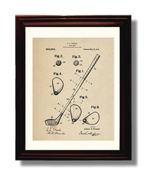 Patent Print - Golf Club - A C Fowler - 1910 - Patent 959053 Patent Wall Art