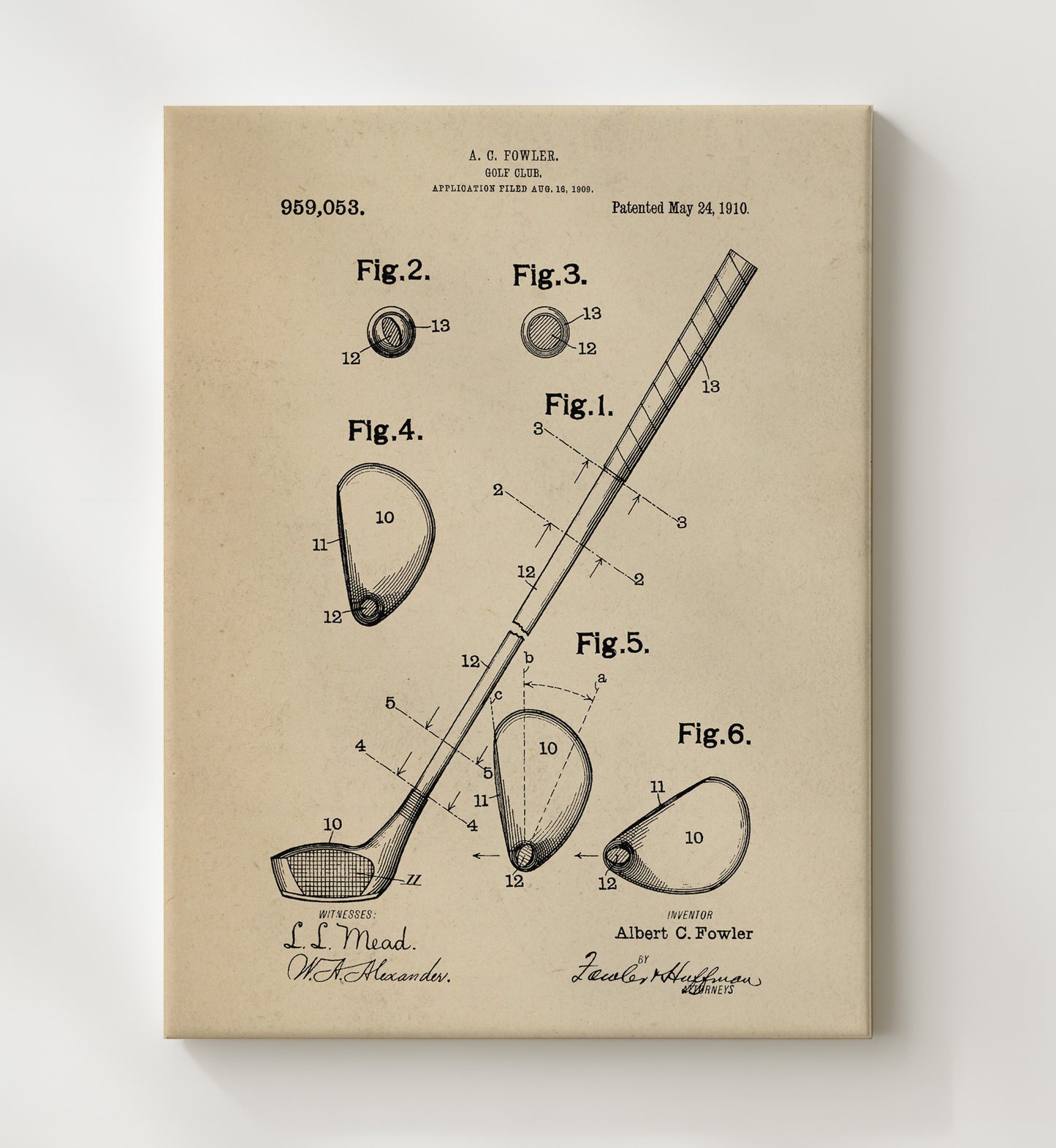 Patent Print - Golf Club - A C Fowler - 1910 - Patent 959053 Patent Wall Art