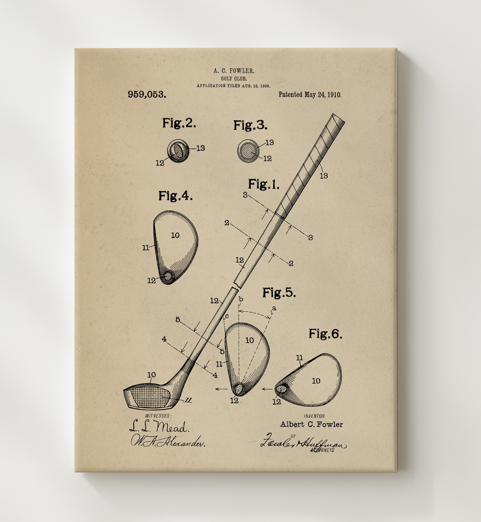 Patent Print - Golf Club - A C Fowler - 1910 - Patent 959053 Patent Wall Art