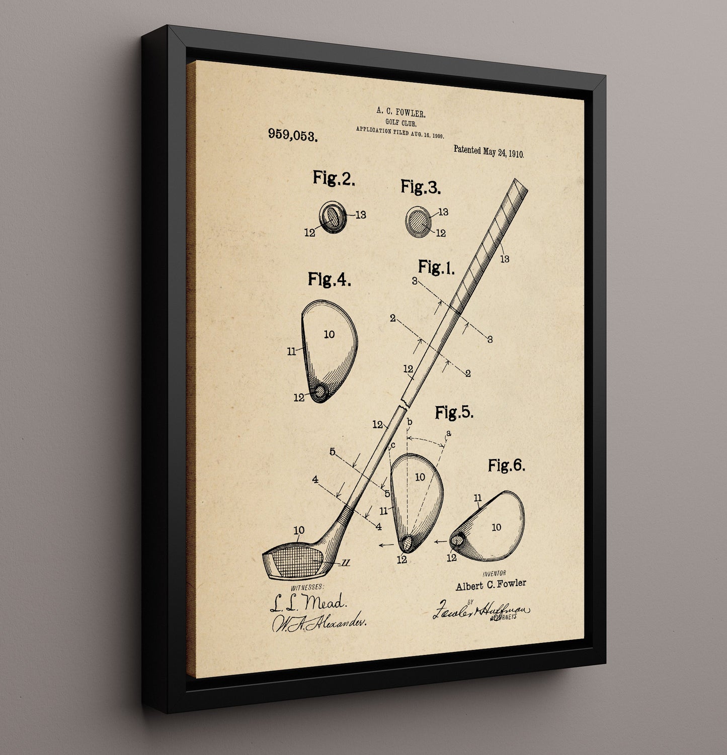 Patent Print - Golf Club - A C Fowler - 1910 - Patent 959053 Patent Wall Art