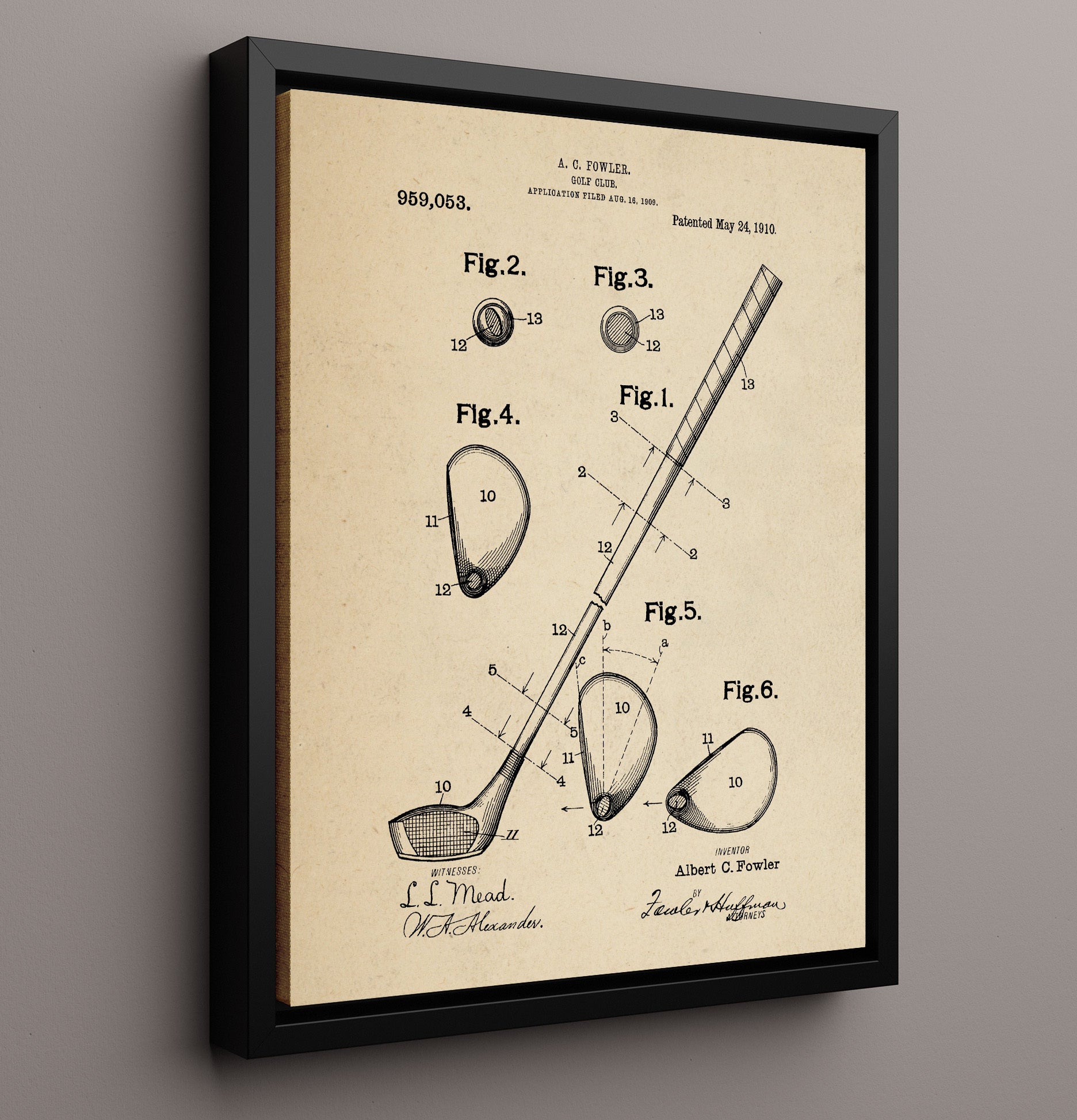 Patent Print - Golf Club - A C Fowler - 1910 - Patent 959053 Patent Wall Art