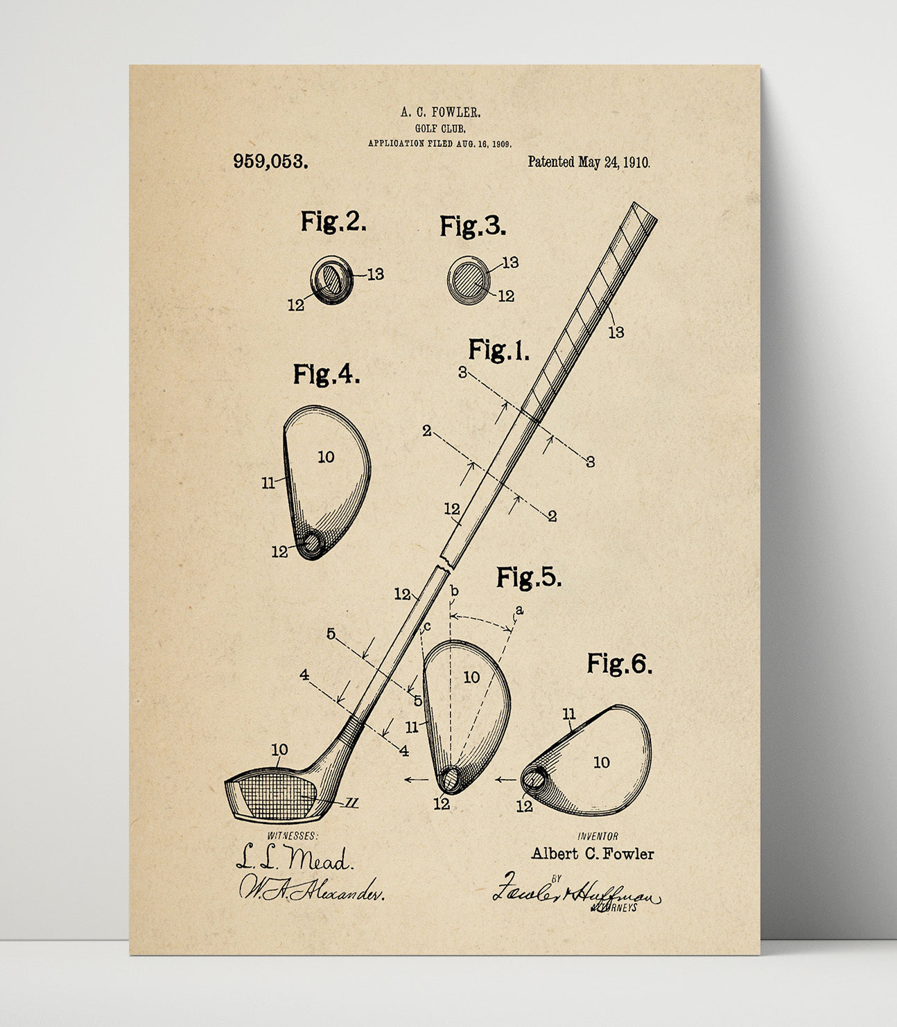 Patent Print - Golf Club - A C Fowler - 1910 - Patent 959053 Patent Wall Art