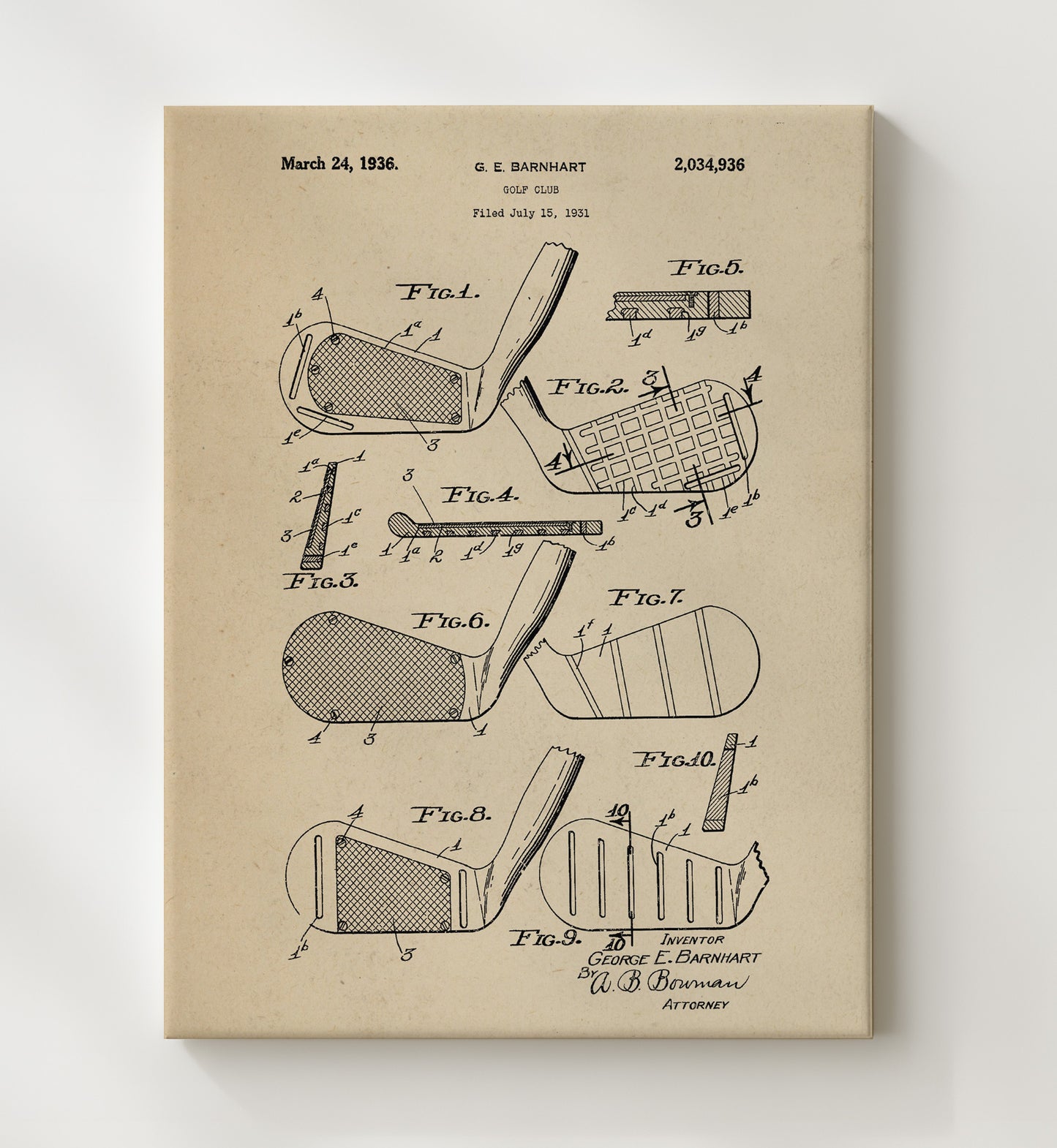Patent Print - Golf Club Head - G E Barnhart - 1936 - Patent 2034936 Patent Wall Art