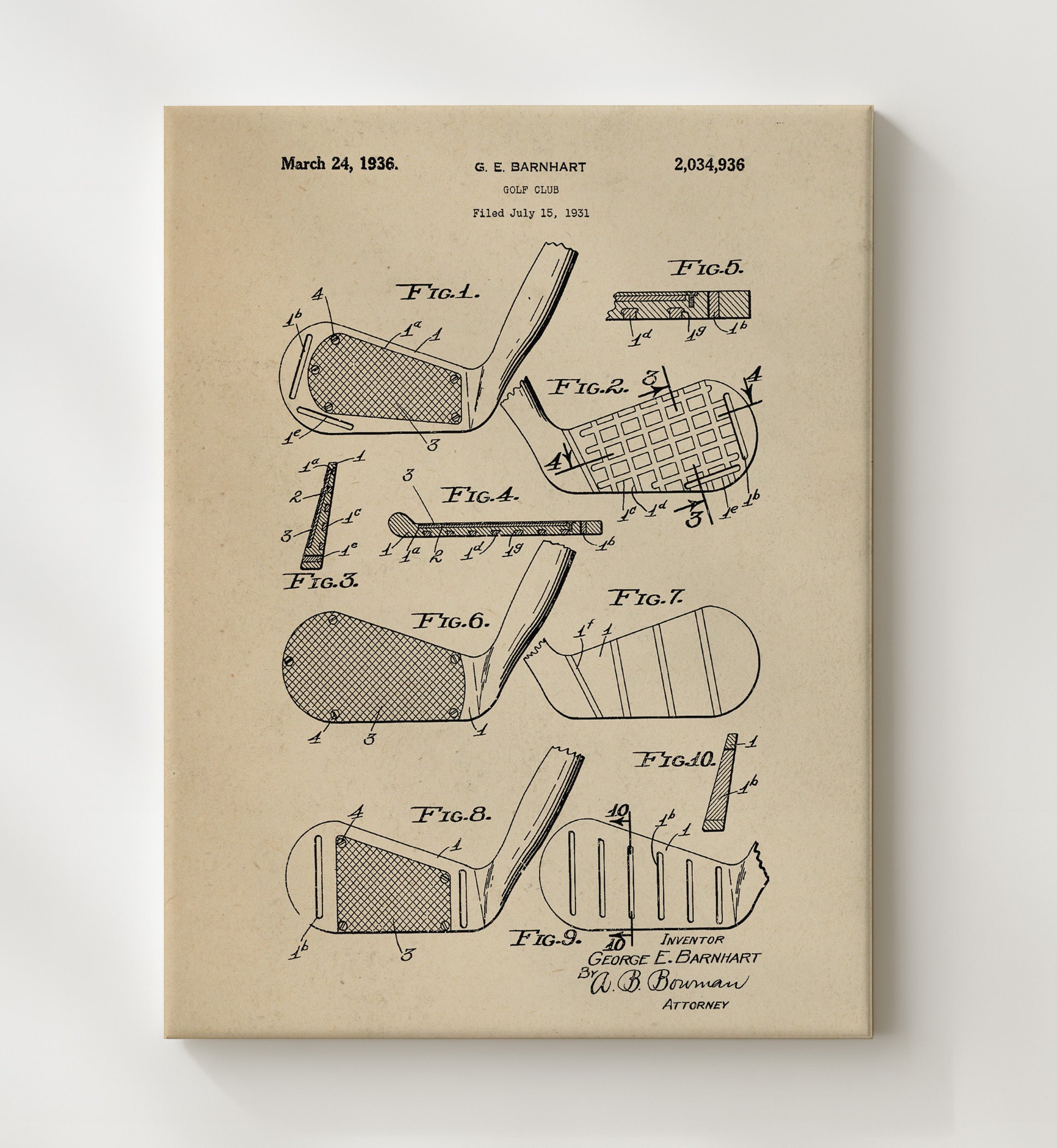 Patent Print - Golf Club Head - G E Barnhart - 1936 - Patent 2034936 Patent Wall Art