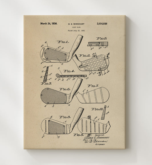 Golf Club Head 1936 patent print wall art 8x10 Canvas
