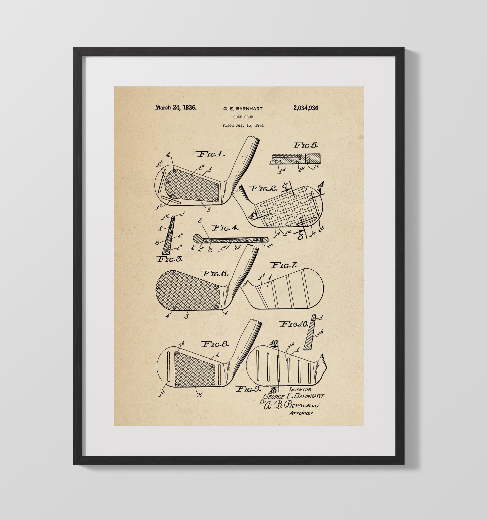 Patent Print - Golf Club Head - G E Barnhart - 1936 - Patent 2034936 Patent Wall Art