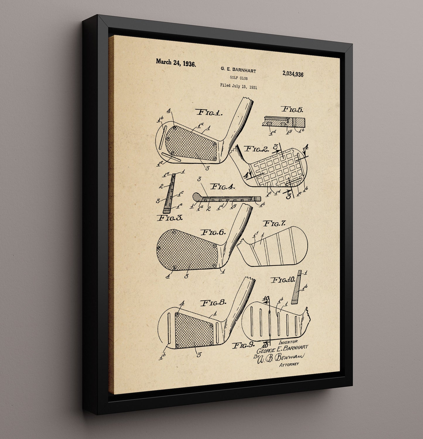 Patent Print - Golf Club Head - G E Barnhart - 1936 - Patent 2034936 Patent Wall Art
