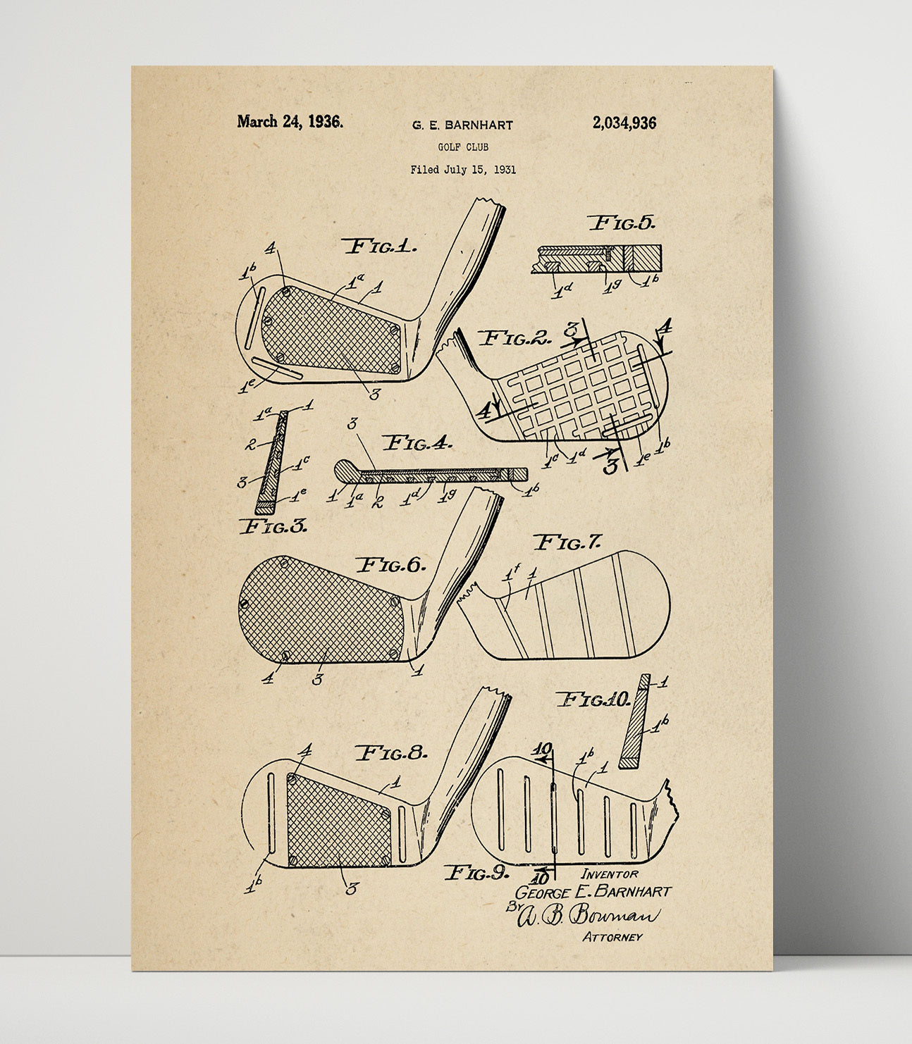Patent Print - Golf Club Head - G E Barnhart - 1936 - Patent 2034936 Patent Wall Art