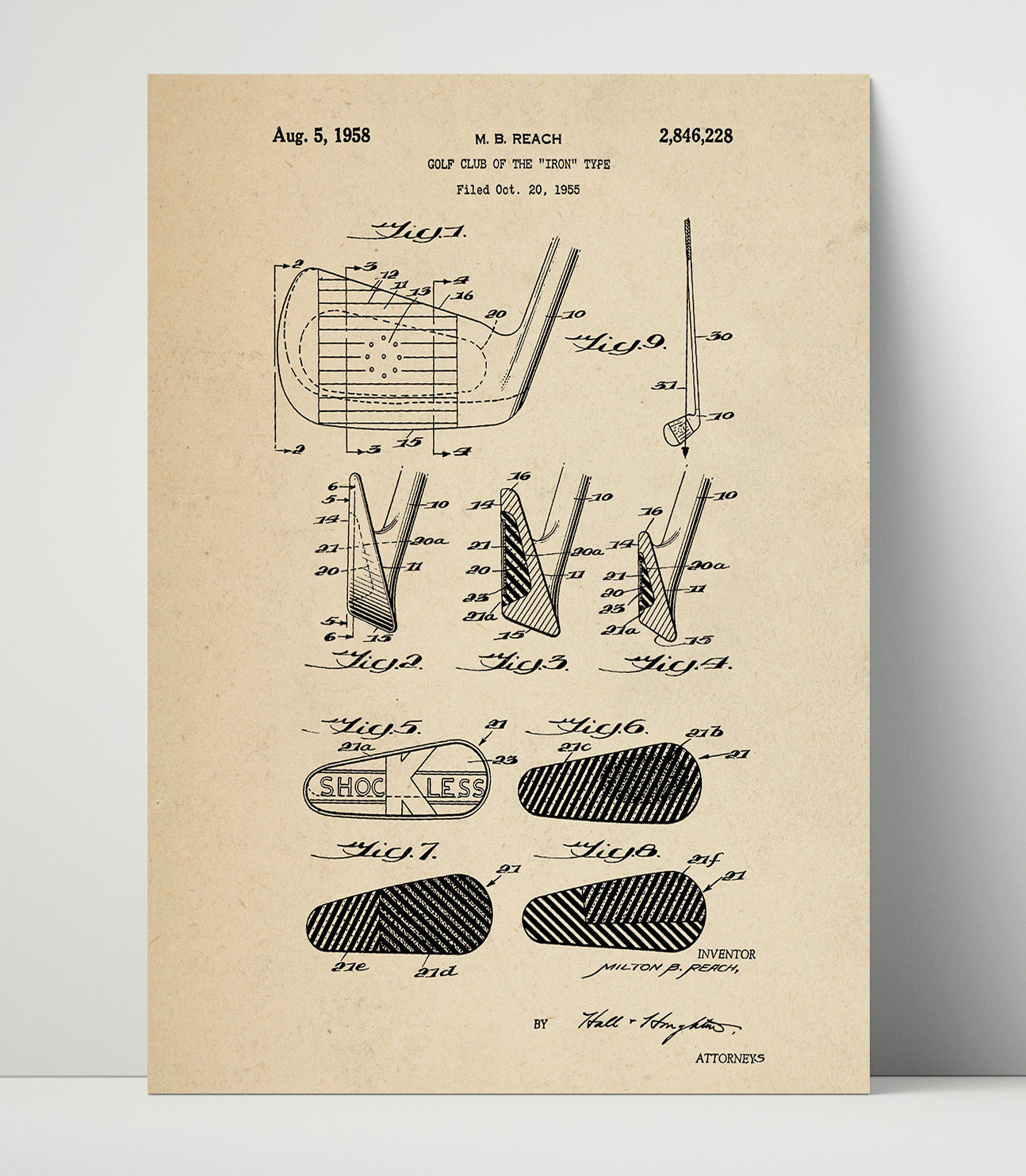 Patent Print - Golf Club Iron Type - M B Reach - 1958 - Patent 2846228 Patent Wall Art