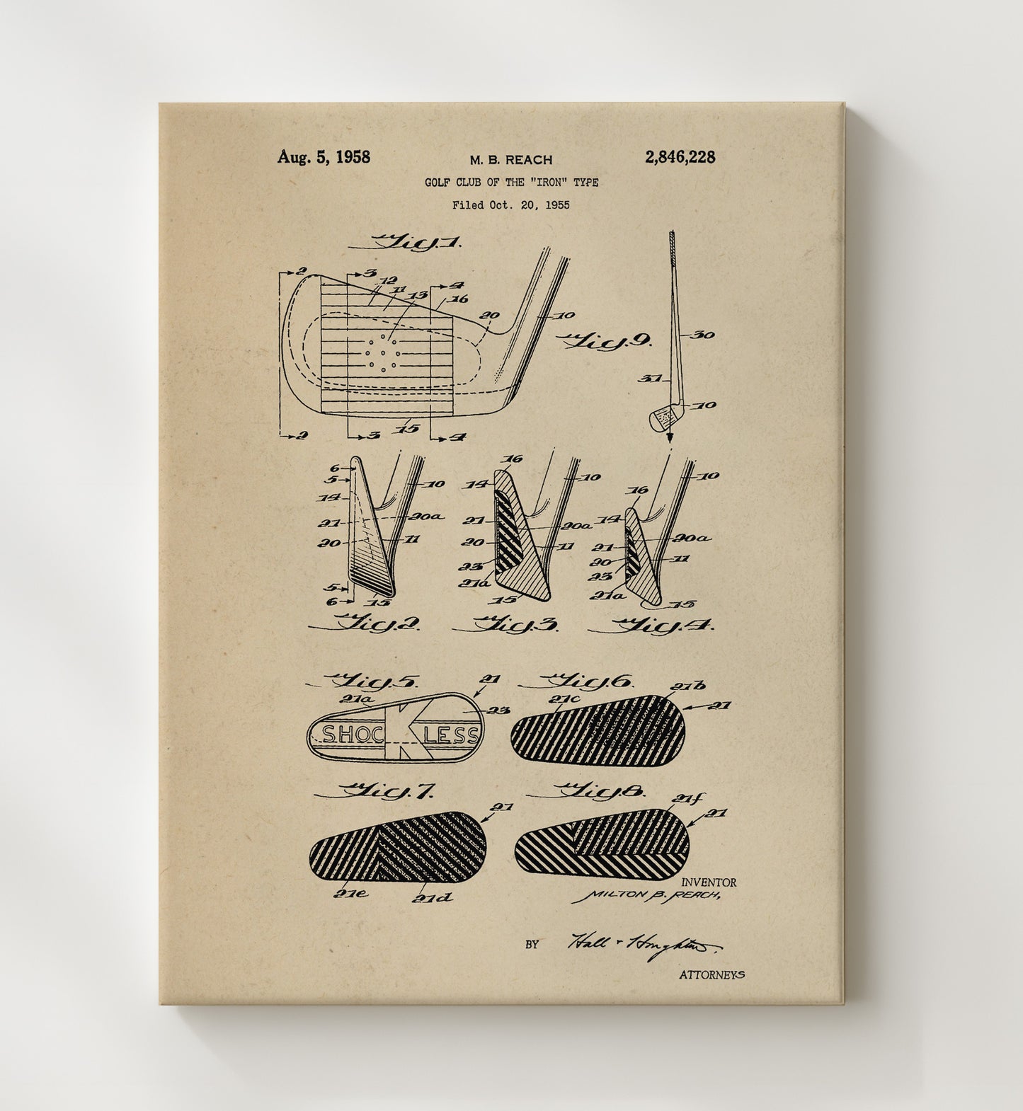 Patent Print - Golf Club Iron Type - M B Reach - 1958 - Patent 2846228 Patent Wall Art