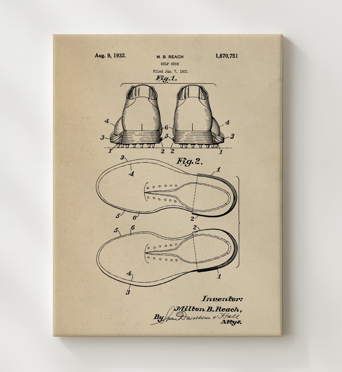 Patent Print - Golf Shoe - M B Reach - 1932 - Patent 1870751 Patent Wall Art