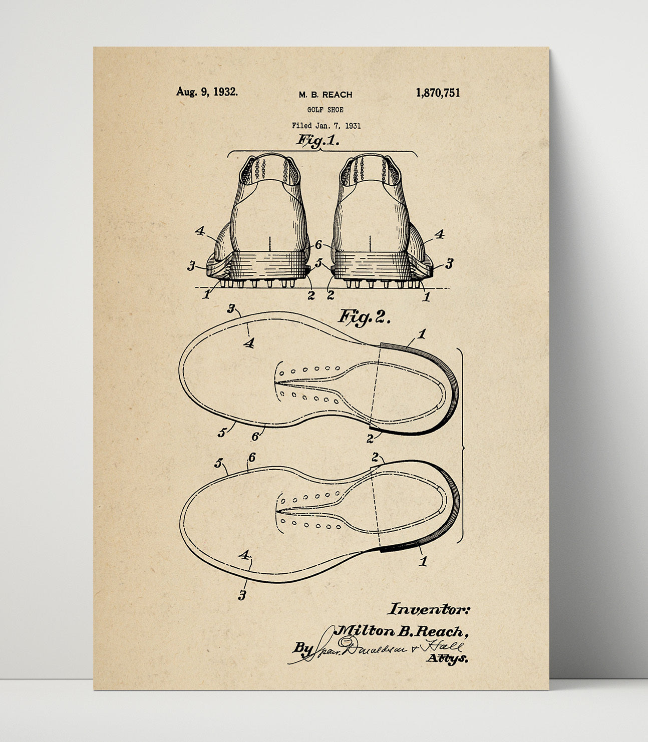 Patent Print - Golf Shoe - M B Reach - 1932 - Patent 1870751 Patent Wall Art