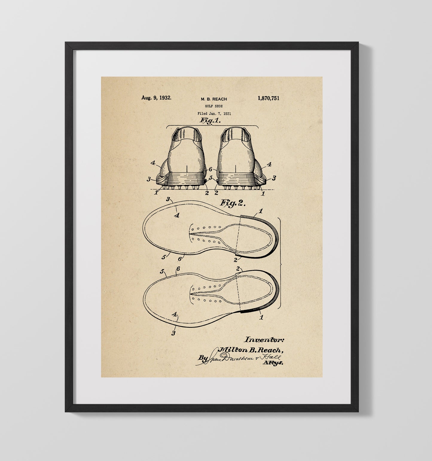 Patent Print - Golf Shoe - M B Reach - 1932 - Patent 1870751 Patent Wall Art
