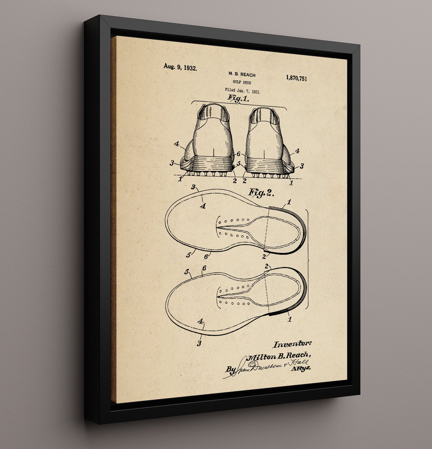 Patent Print - Golf Shoe - M B Reach - 1932 - Patent 1870751 Patent Wall Art