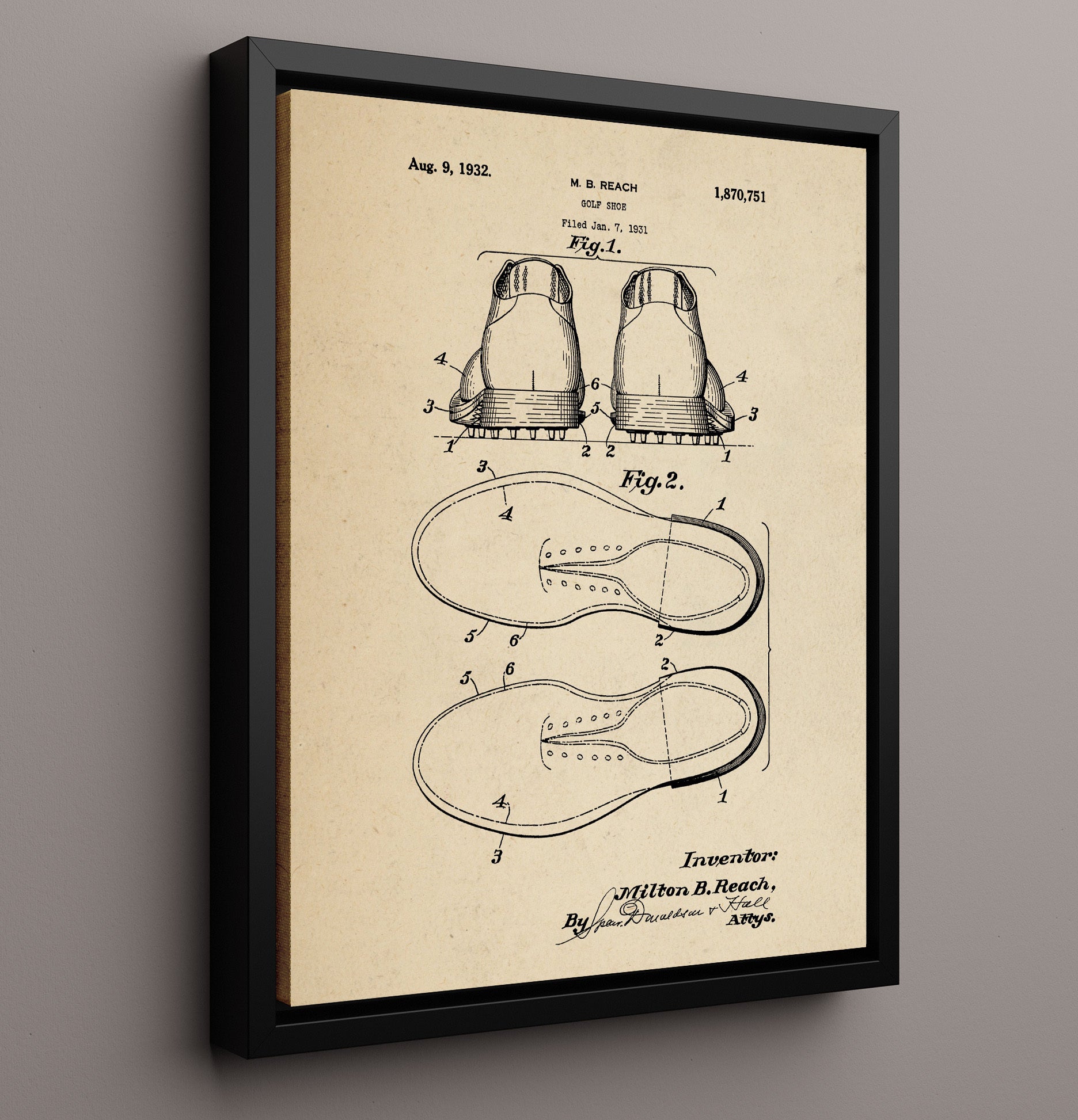 Patent Print - Golf Shoe - M B Reach - 1932 - Patent 1870751 Patent Wall Art